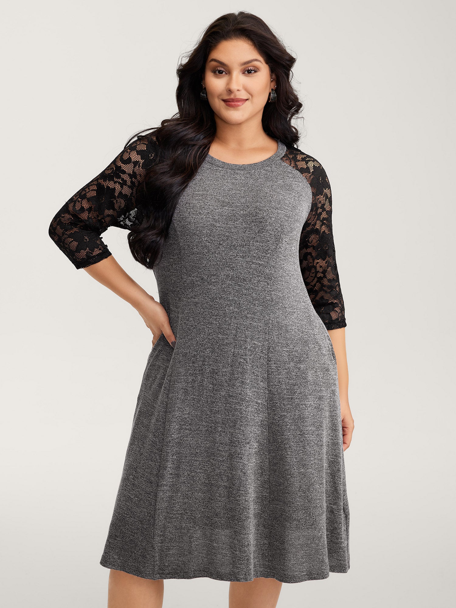 Supersoft Lace Sleeve Cinched-Waist Midi Dress