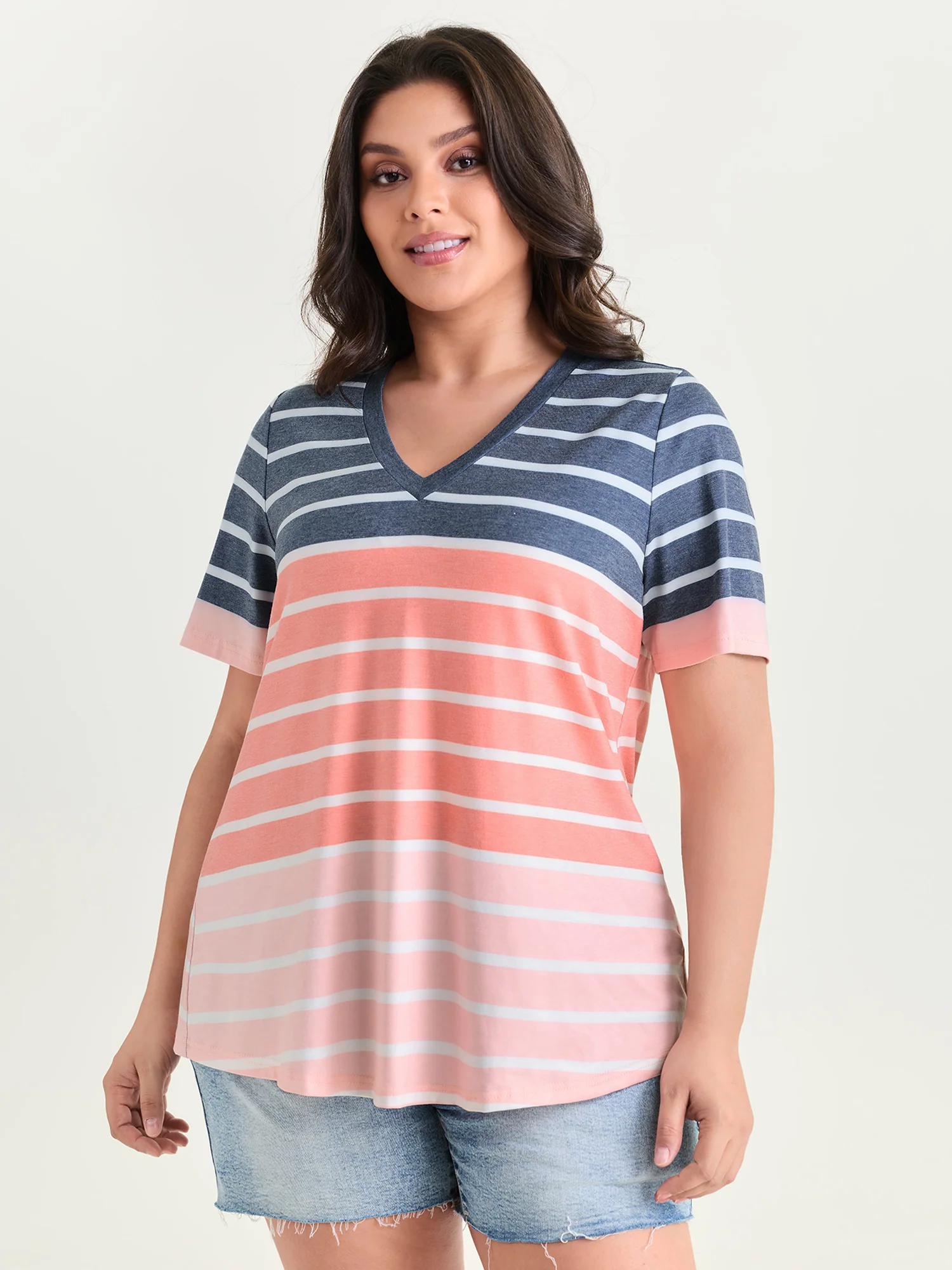 Supersoft Stretchy Colorful Striped Print V-Neck T-Shirt