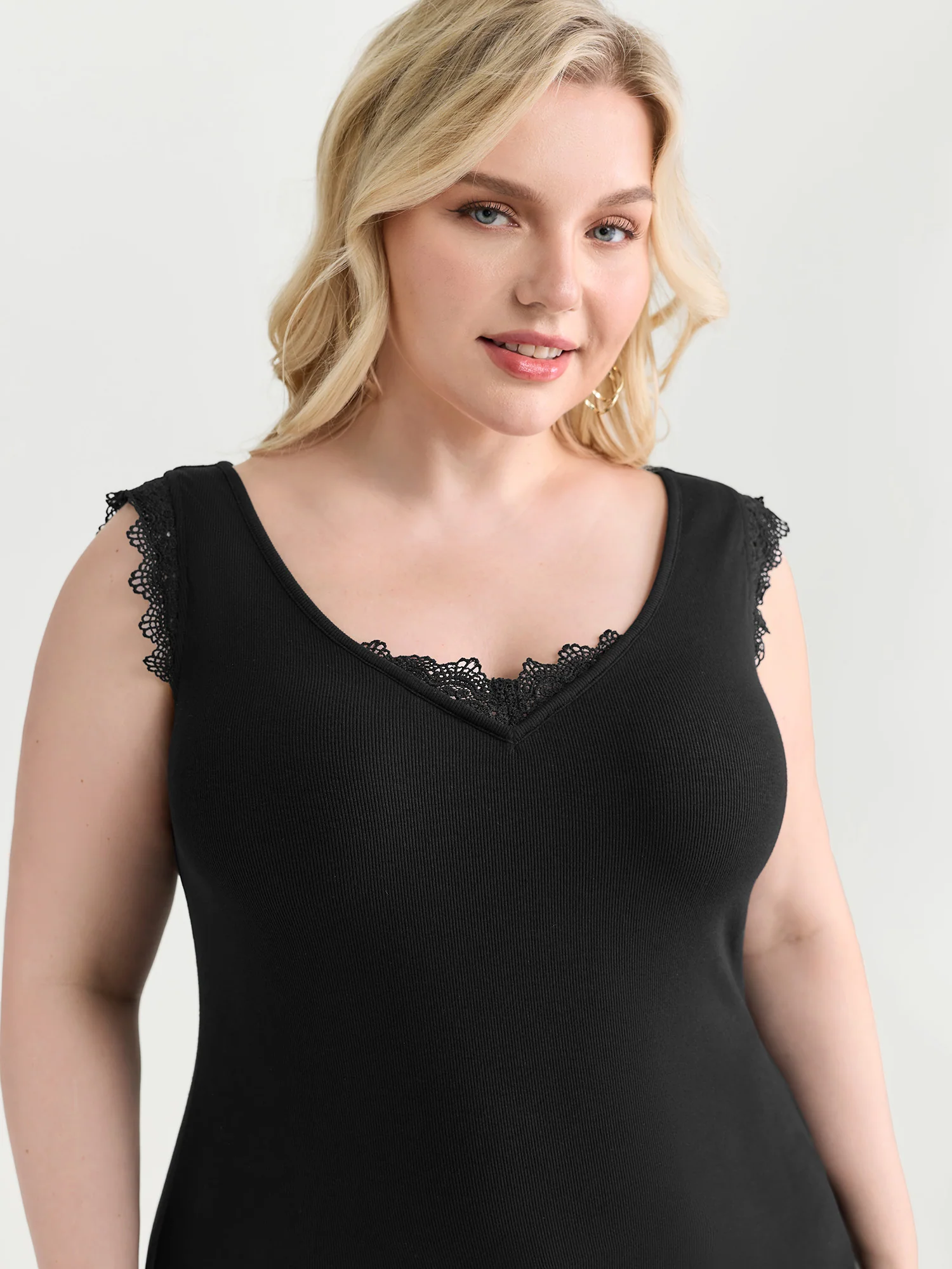 Supersoft Stretchy Lace Trim Neckline Tank Top