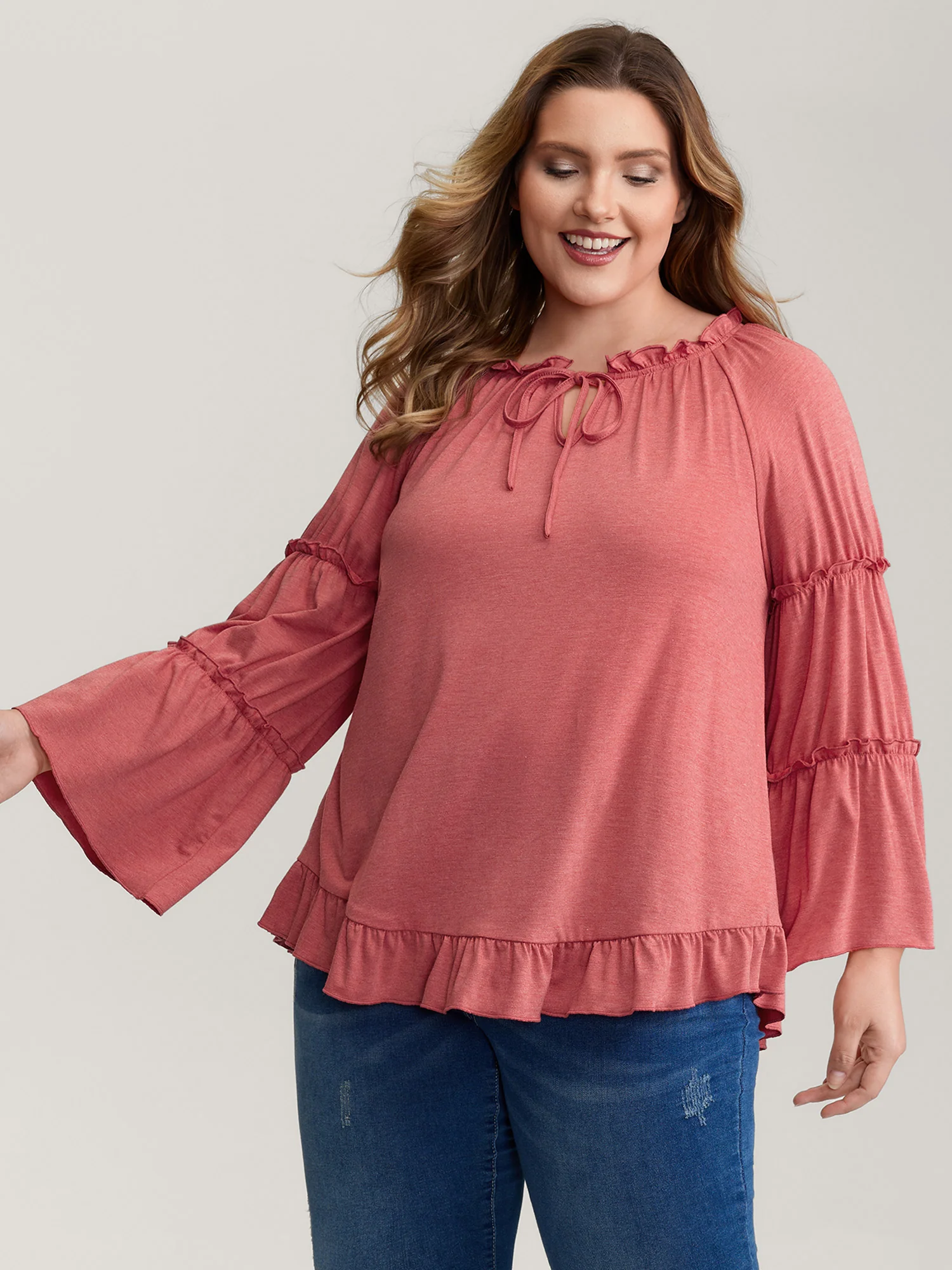 Supersoft Tiered Ruffled Sleeve Neck-Tie Top