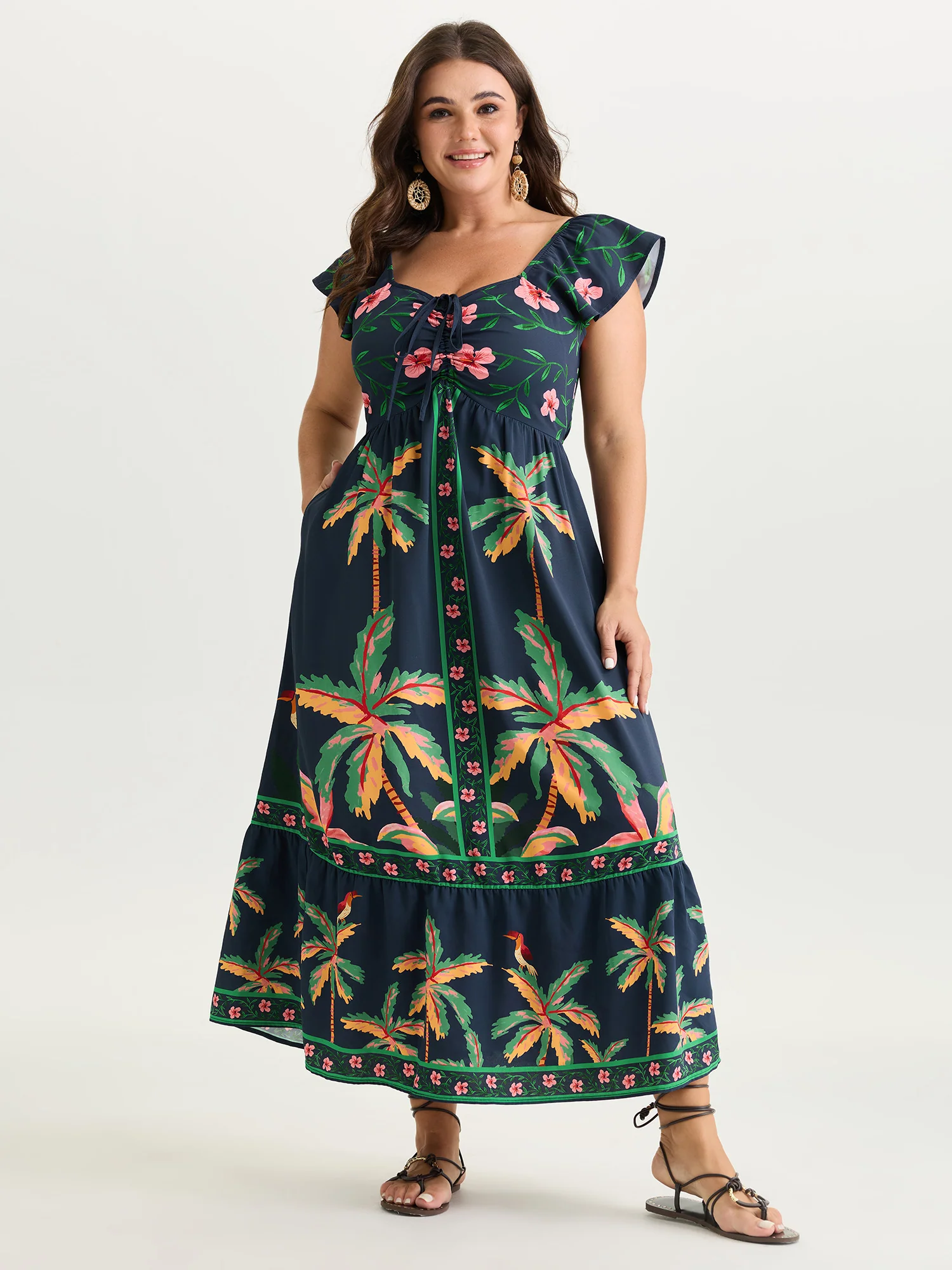Supersoft Tropical Floral Print Drawstring Maxi Dress