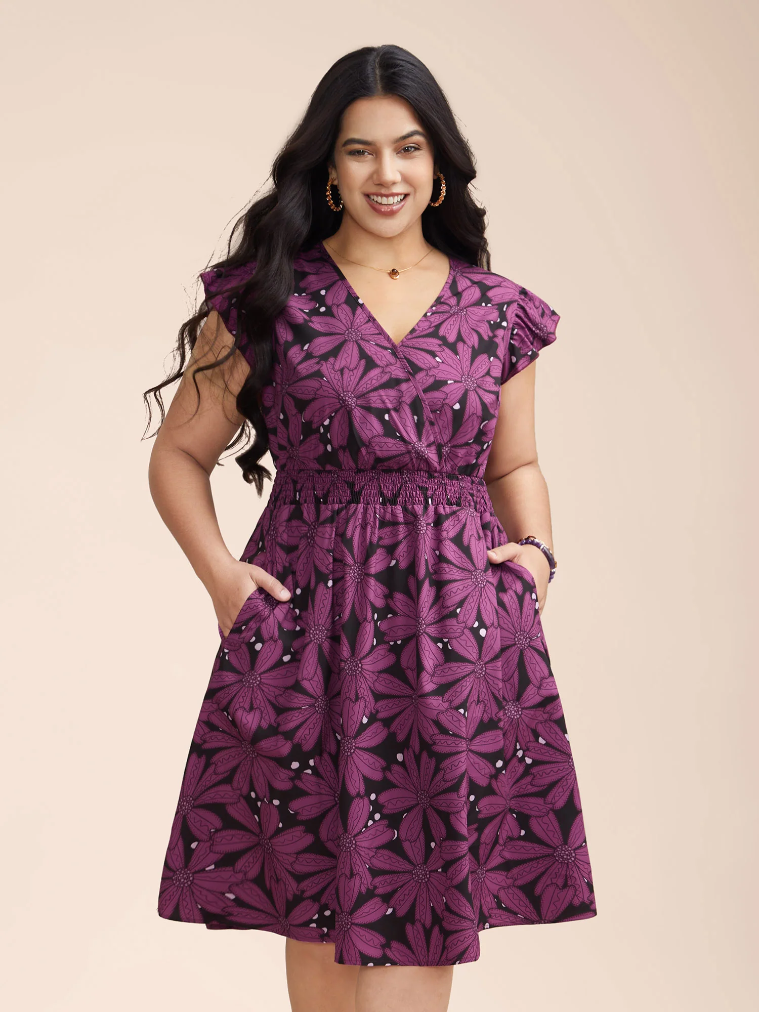 Surplice Neck Floral Shirred Elastic Waist Mini Dress