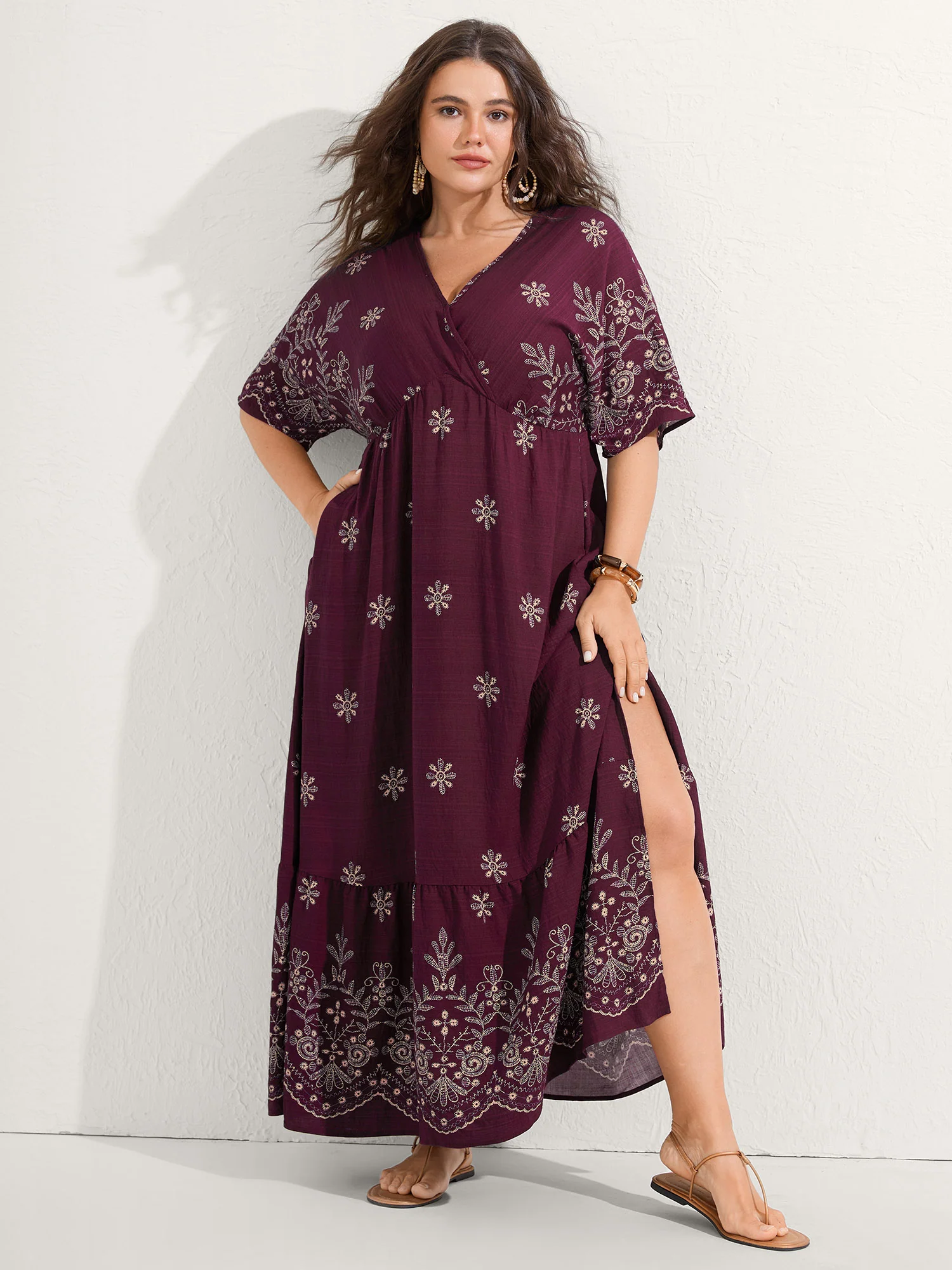 Surplice Neck Split Side Pockets Maxi Dress