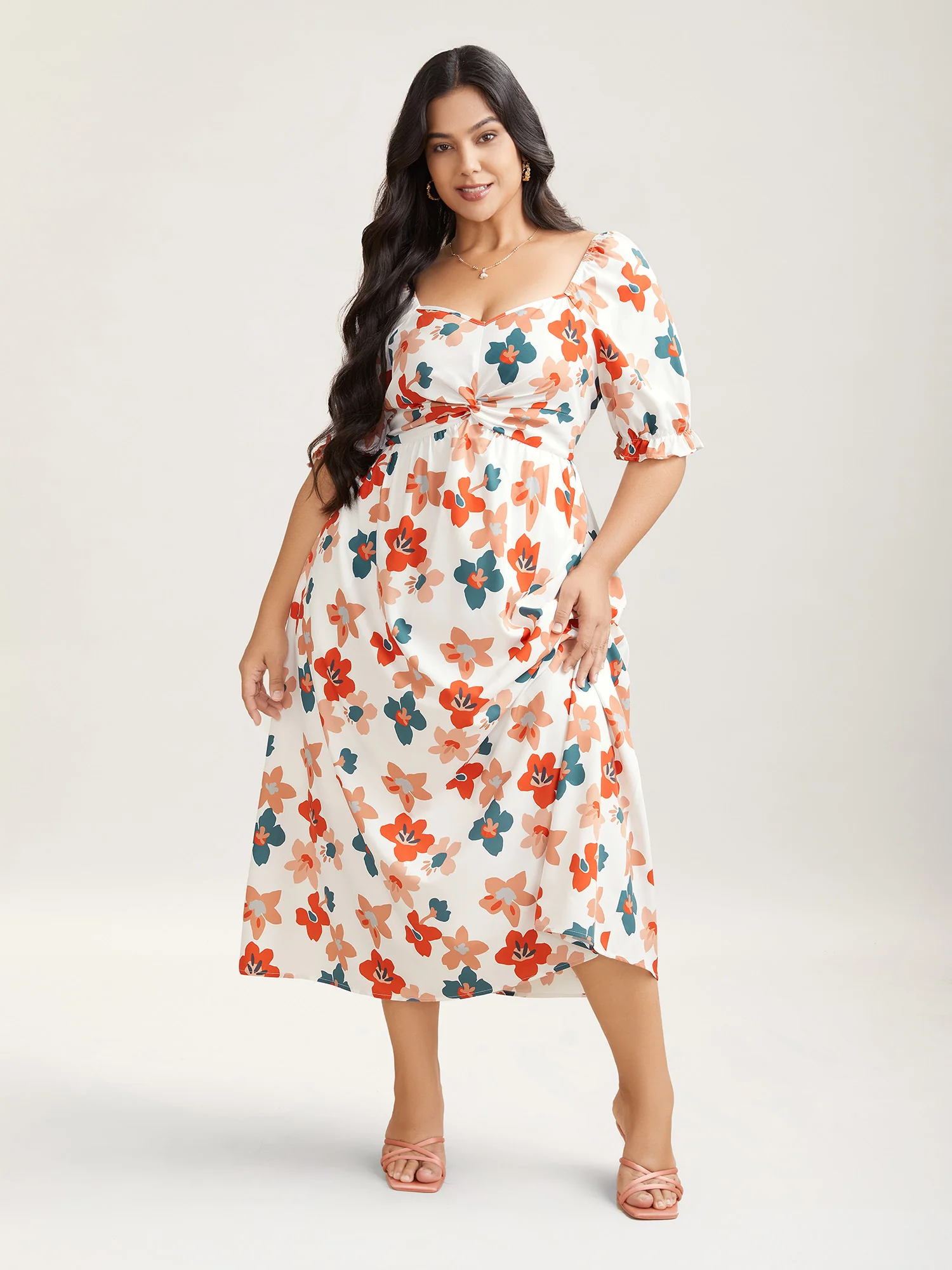 Sweet Floral Front-Twist Lined Midi Dress