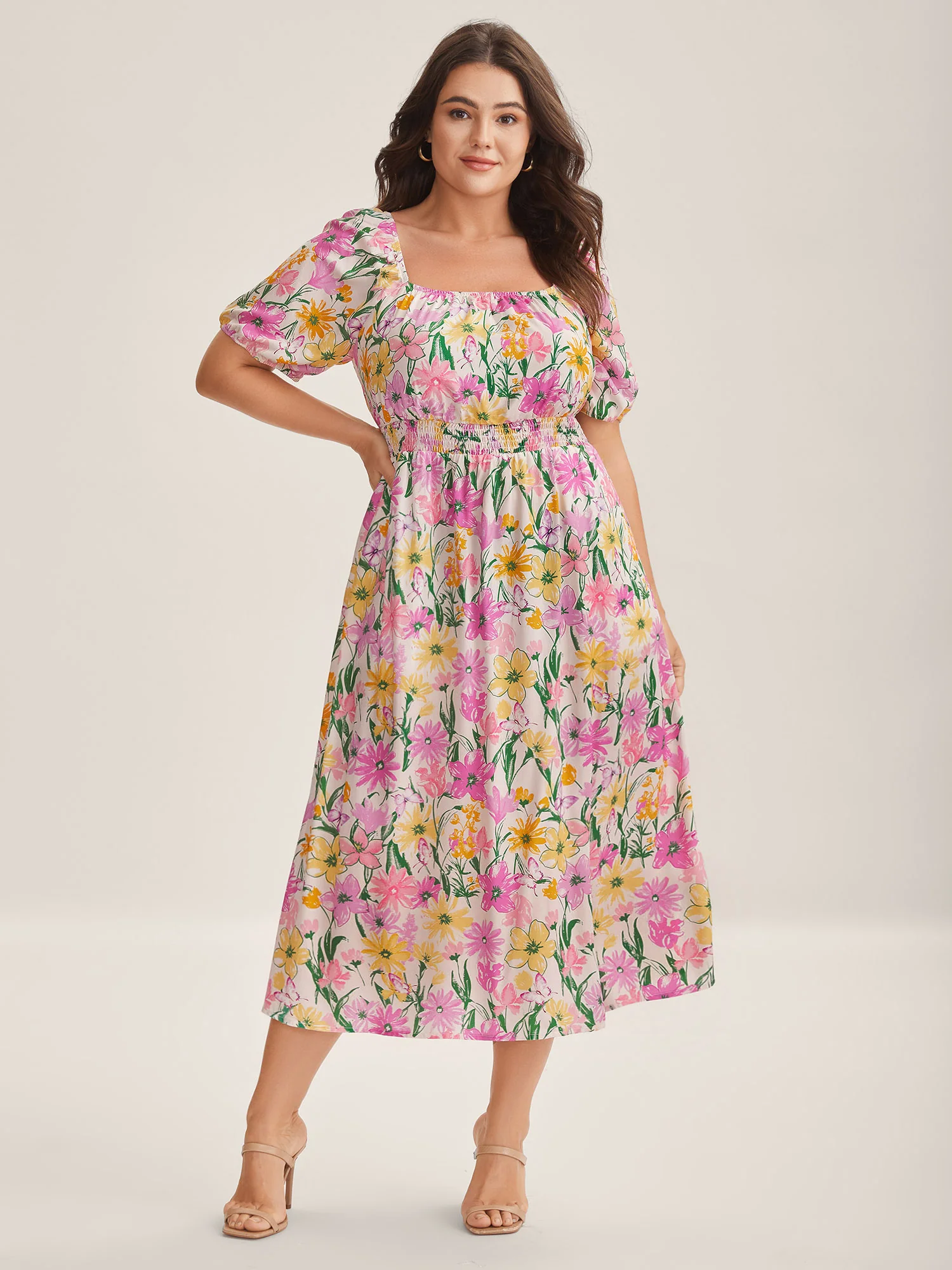 Sweet Floral Print Square Neck Midi Dress