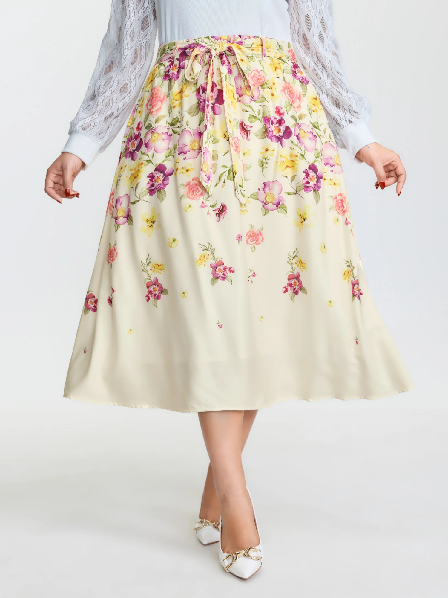 Sweet Floral Print Stretchy Waist Midi Skirt