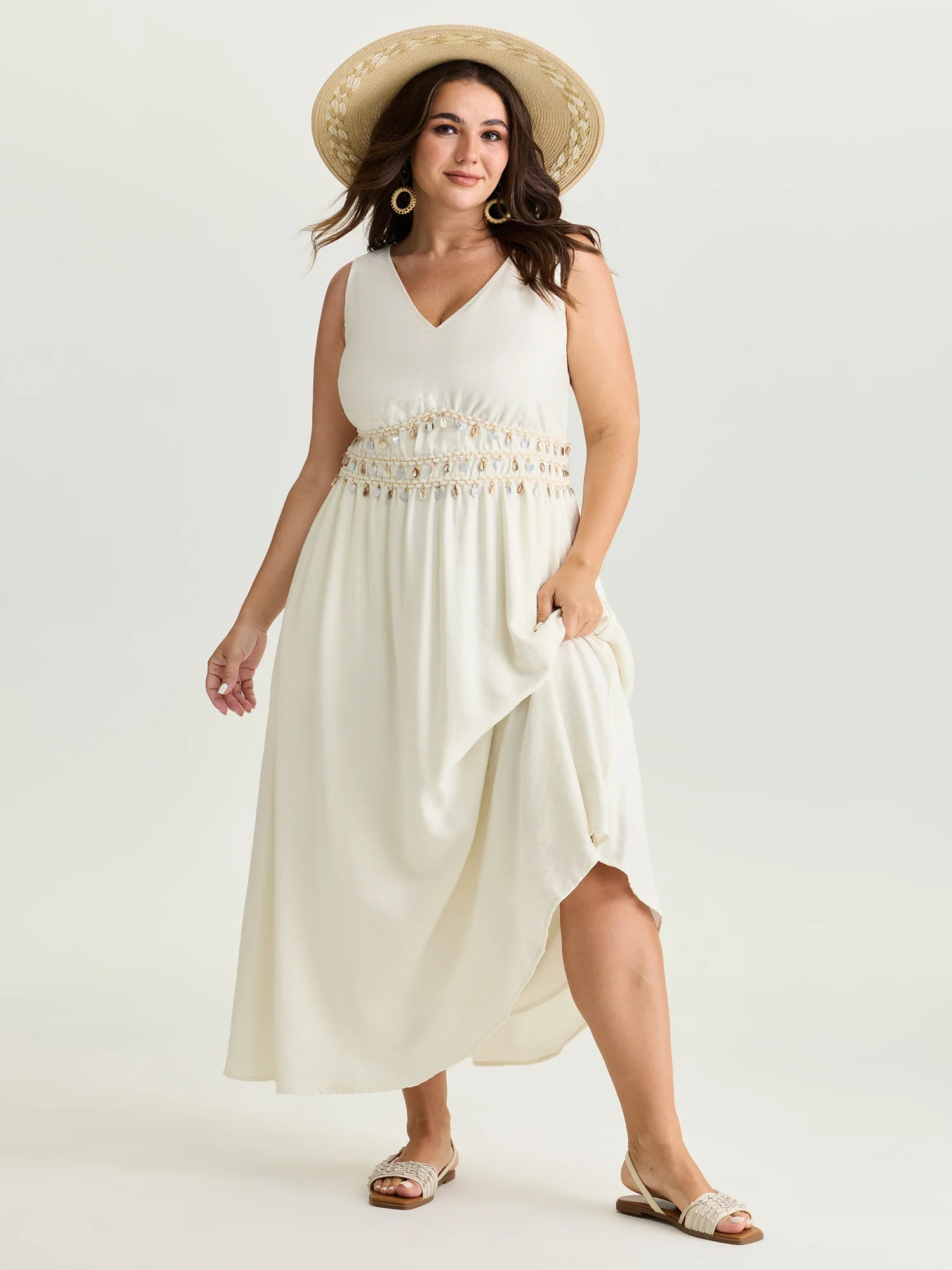Tassels Cinched-Waist V-Neck Maxi Dress