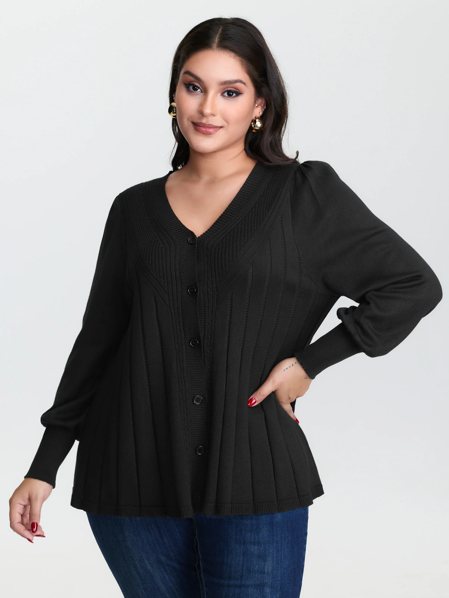 Textured A-Shaped Hem Lantern Sleeve Knit Cardigan