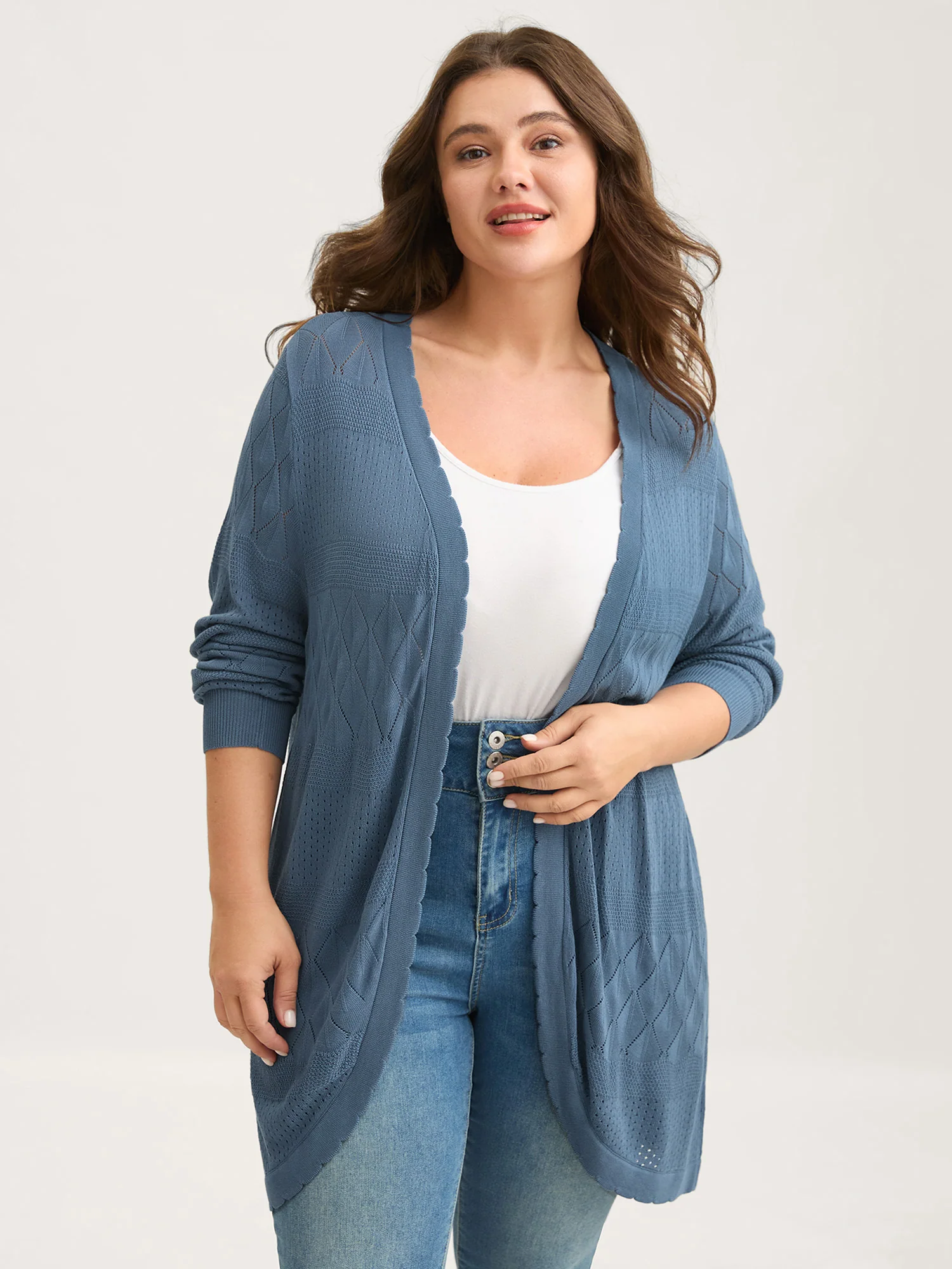 Textured Arc Hem Front-Open Lightweight Cardigan
