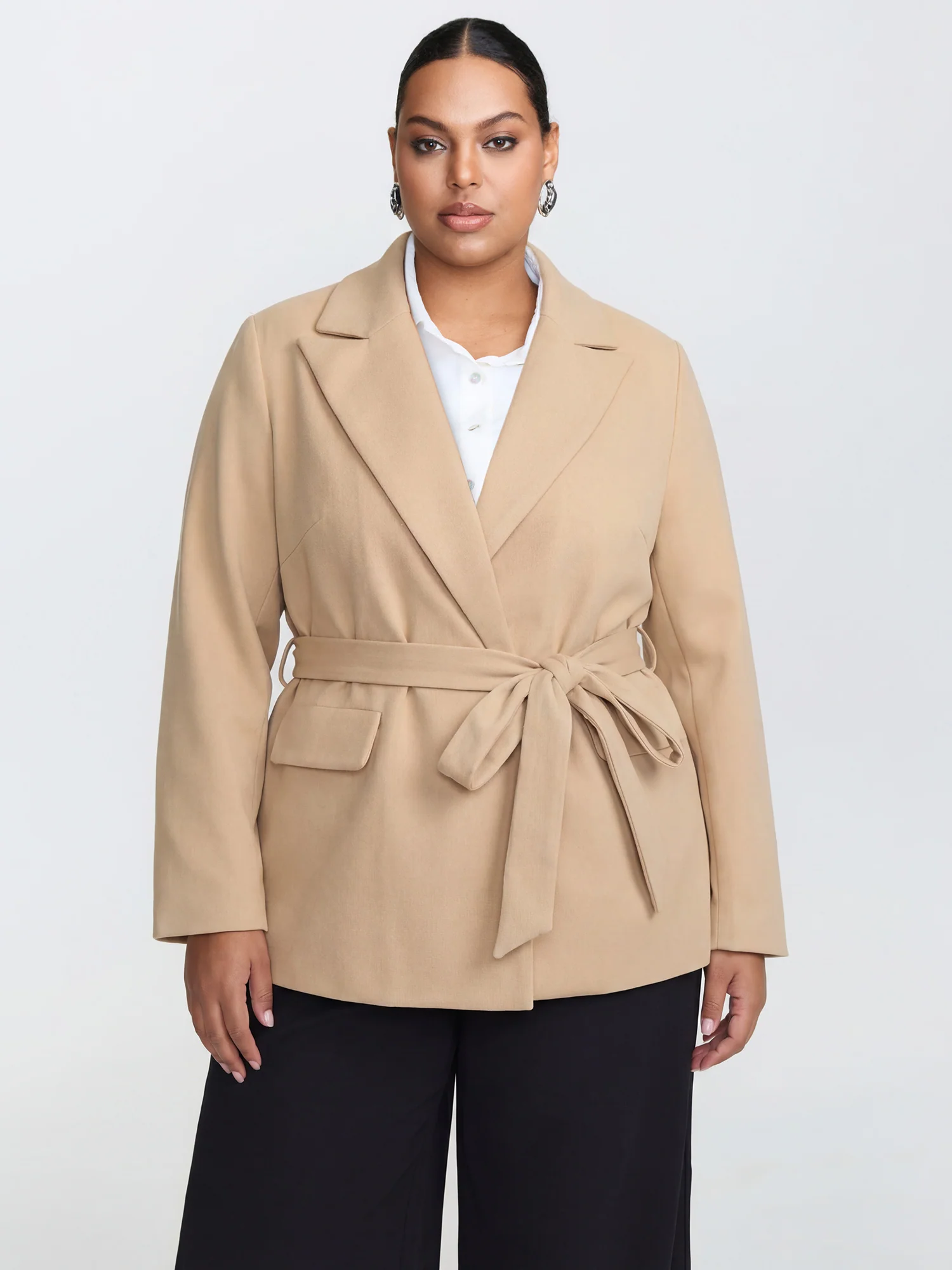 Textured Belted Plain Blazer