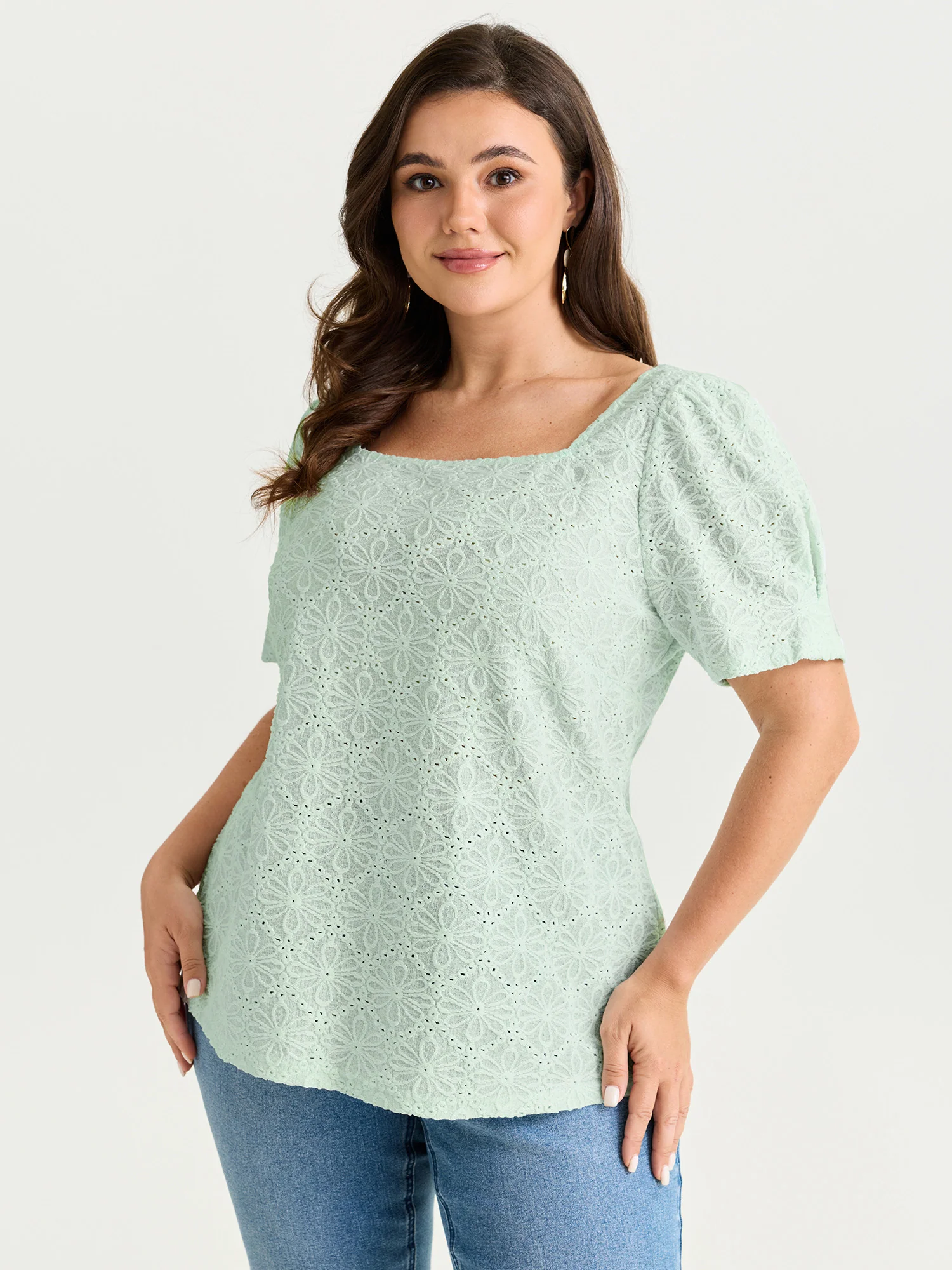 Textured Button Detail Square Neckline Knit Top