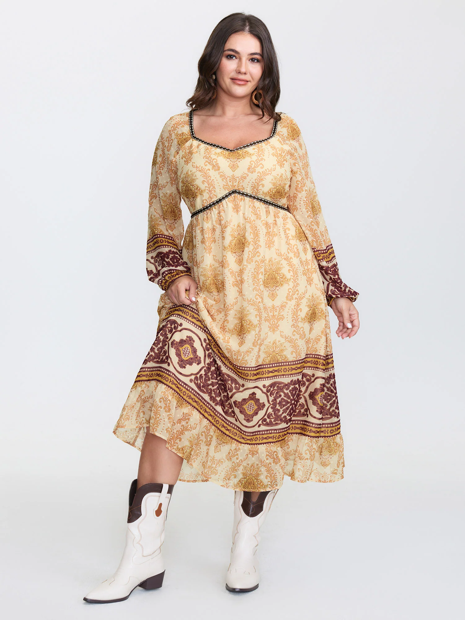 Textured Chiffon Printed Contrast Midi Dress