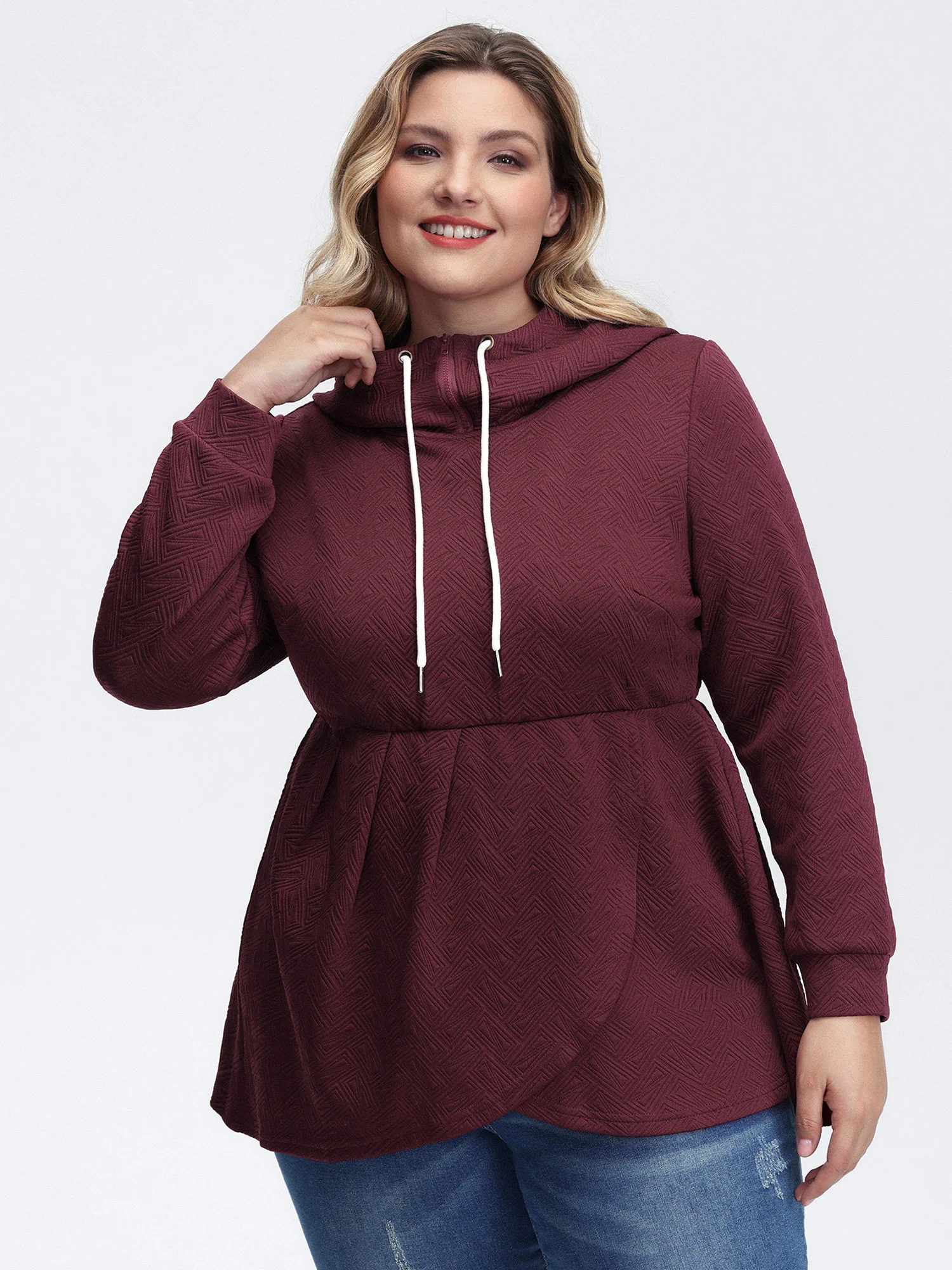 Textured Drawstring Overlap Hem Hooded Sweatshirt