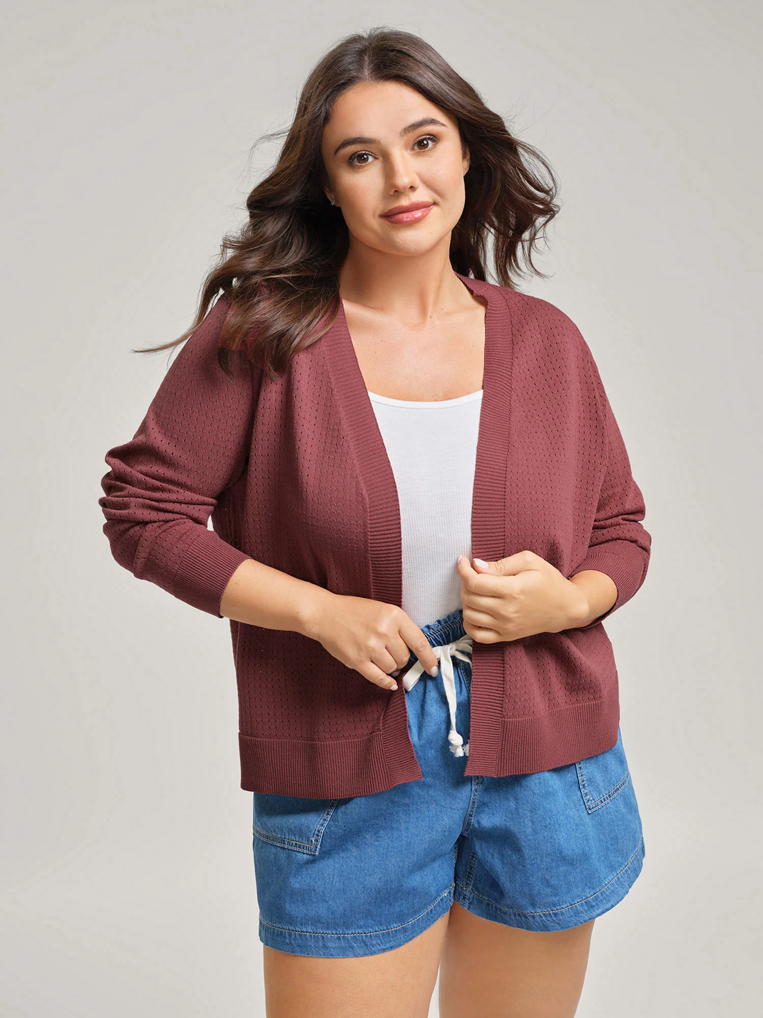 Textured Hollow Front-Open Knit Cardigan