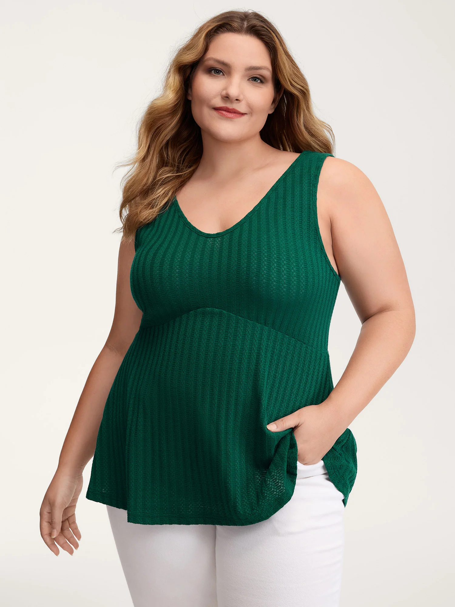 Textured Knit V-Neck Cinched-Waist Tank Top