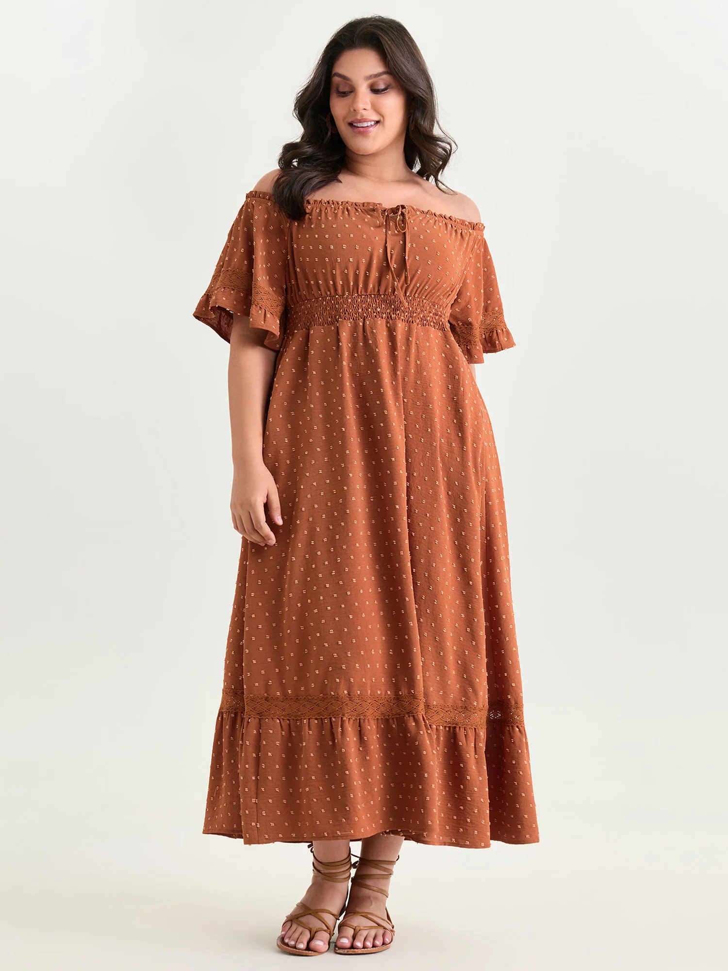 Textured Lace Trim Off-Shoulder Midi Dress