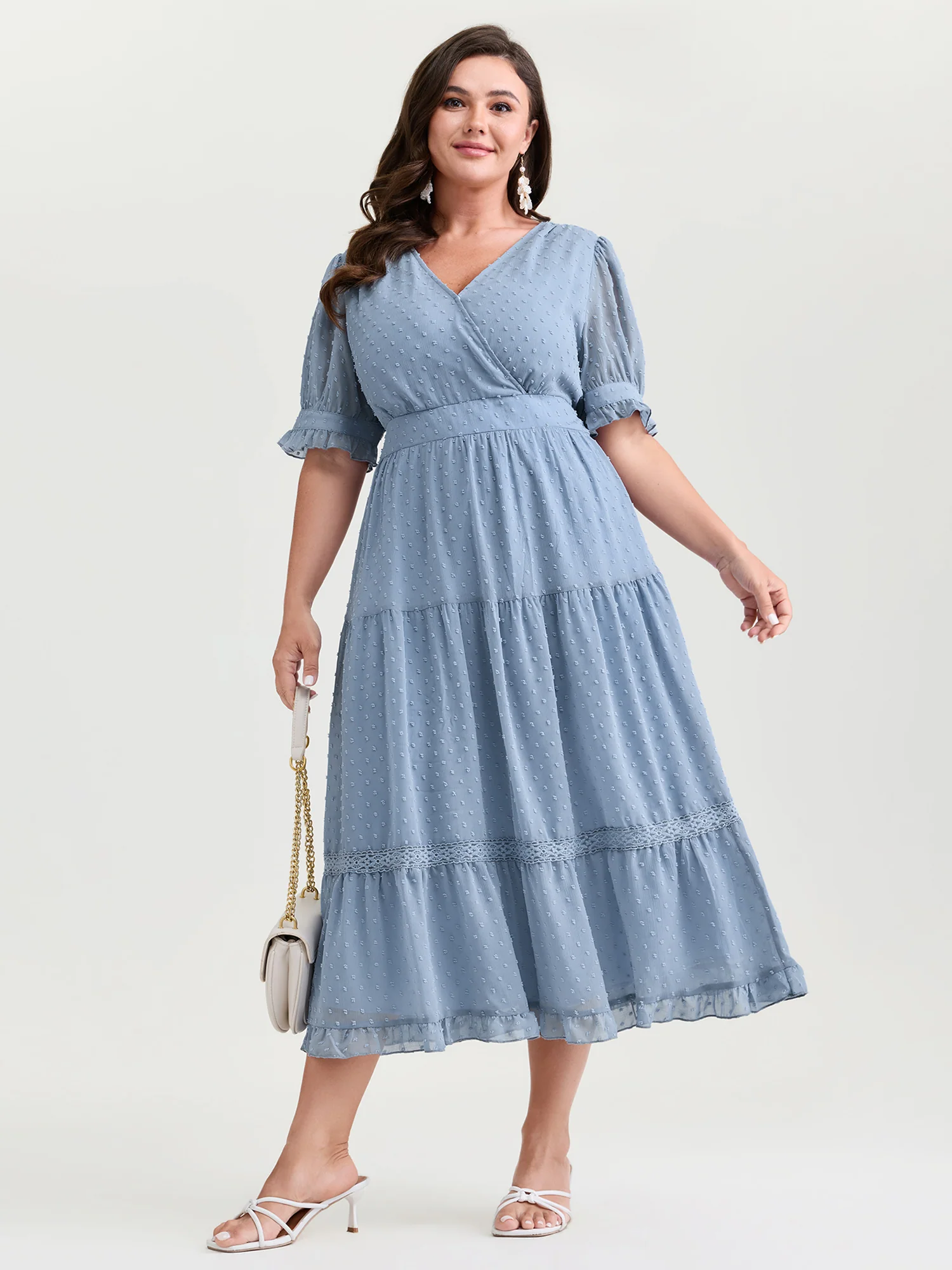 Textured Lace Trim Wrap Neckline Tiered Midi Dress