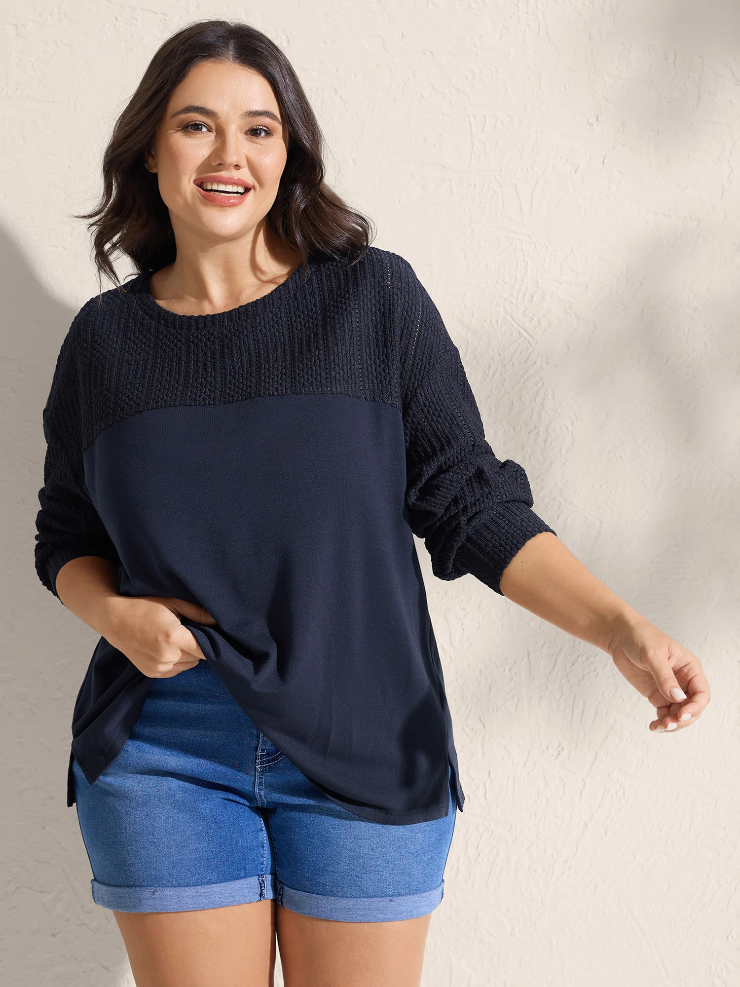Textured Neckline Dual Toned Sweatshirt