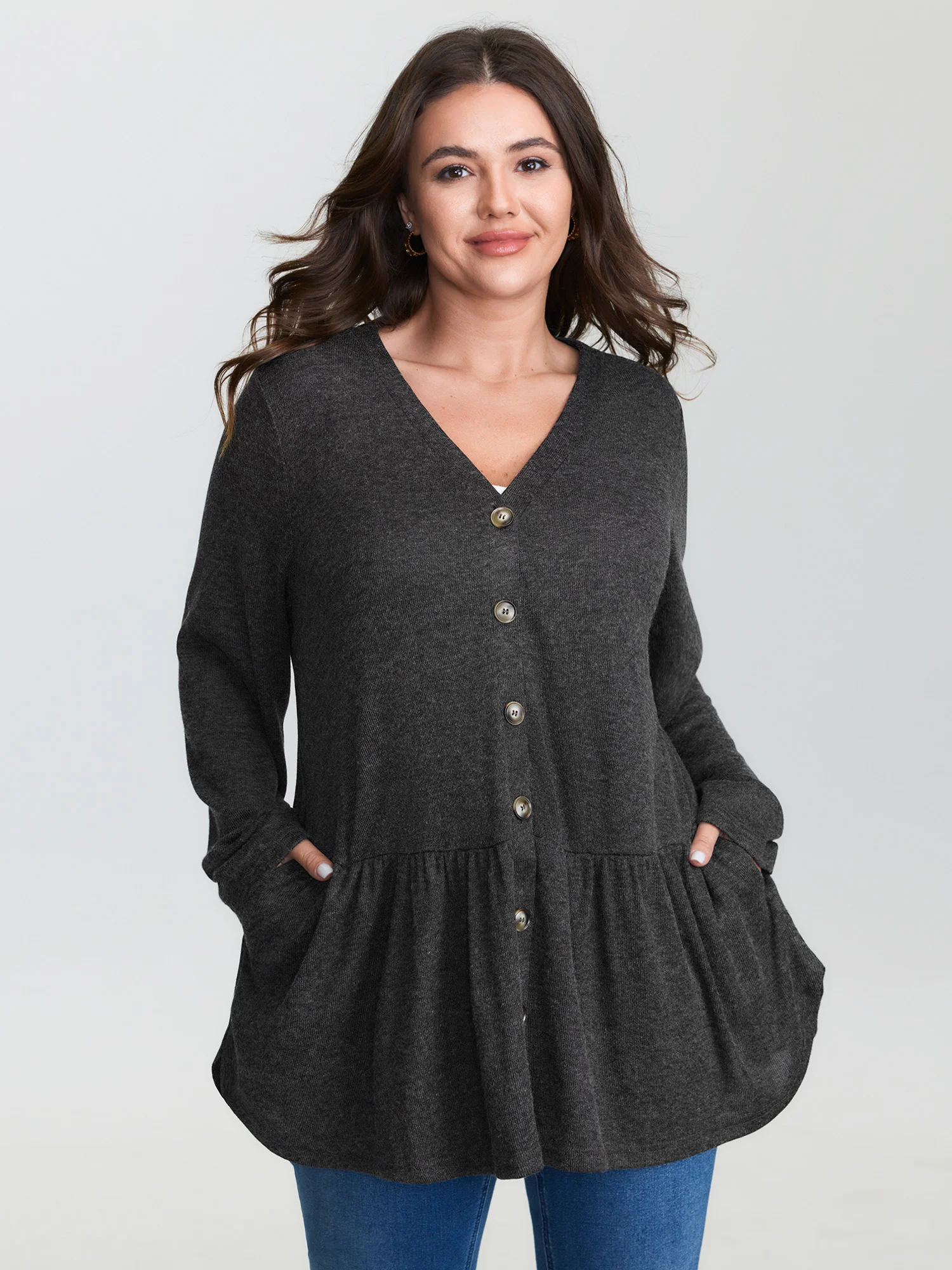 Textured Ruffled Hem Button Blouse