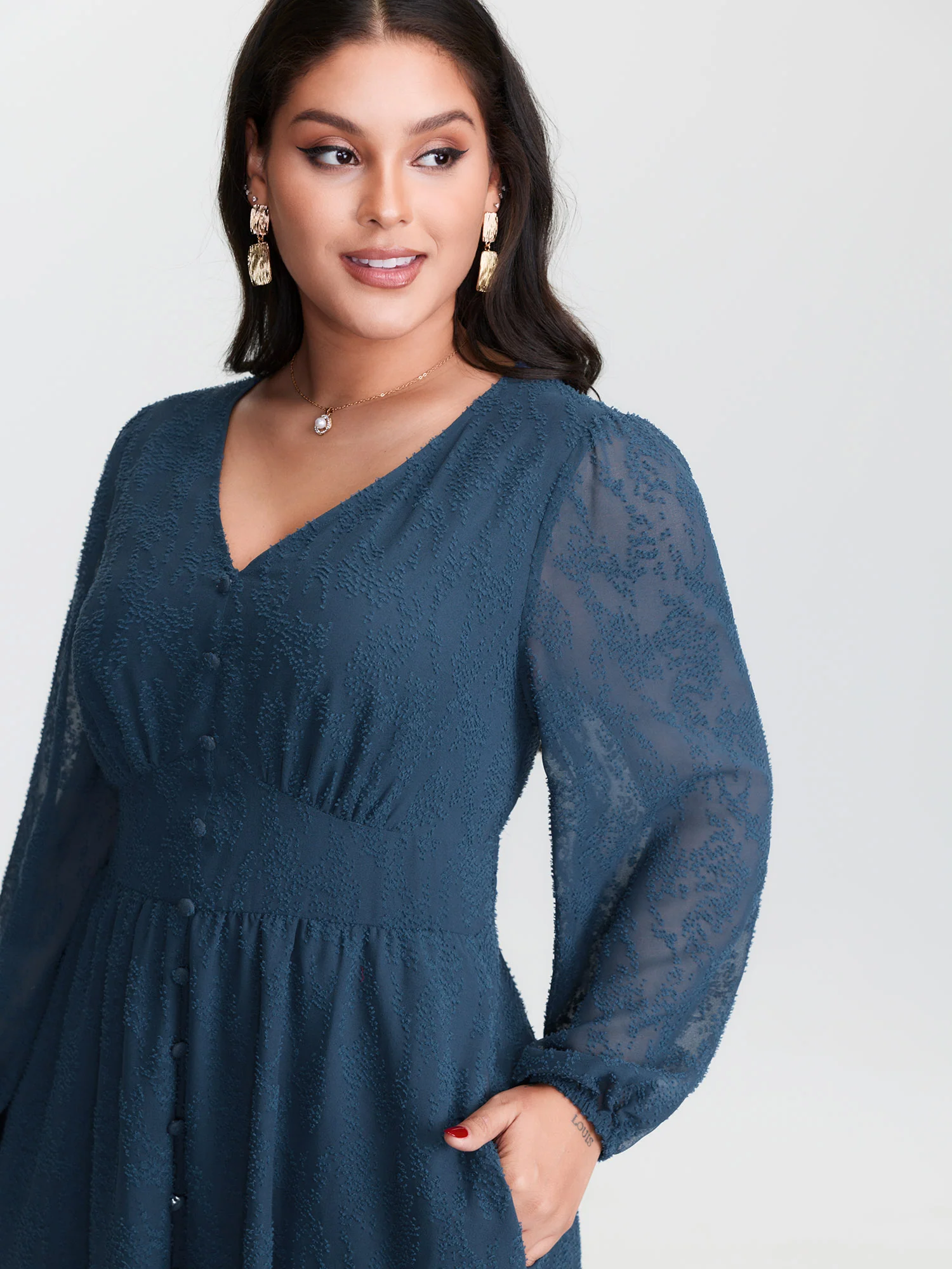Textured Sheer Hem Waist-Defining Midi Dress