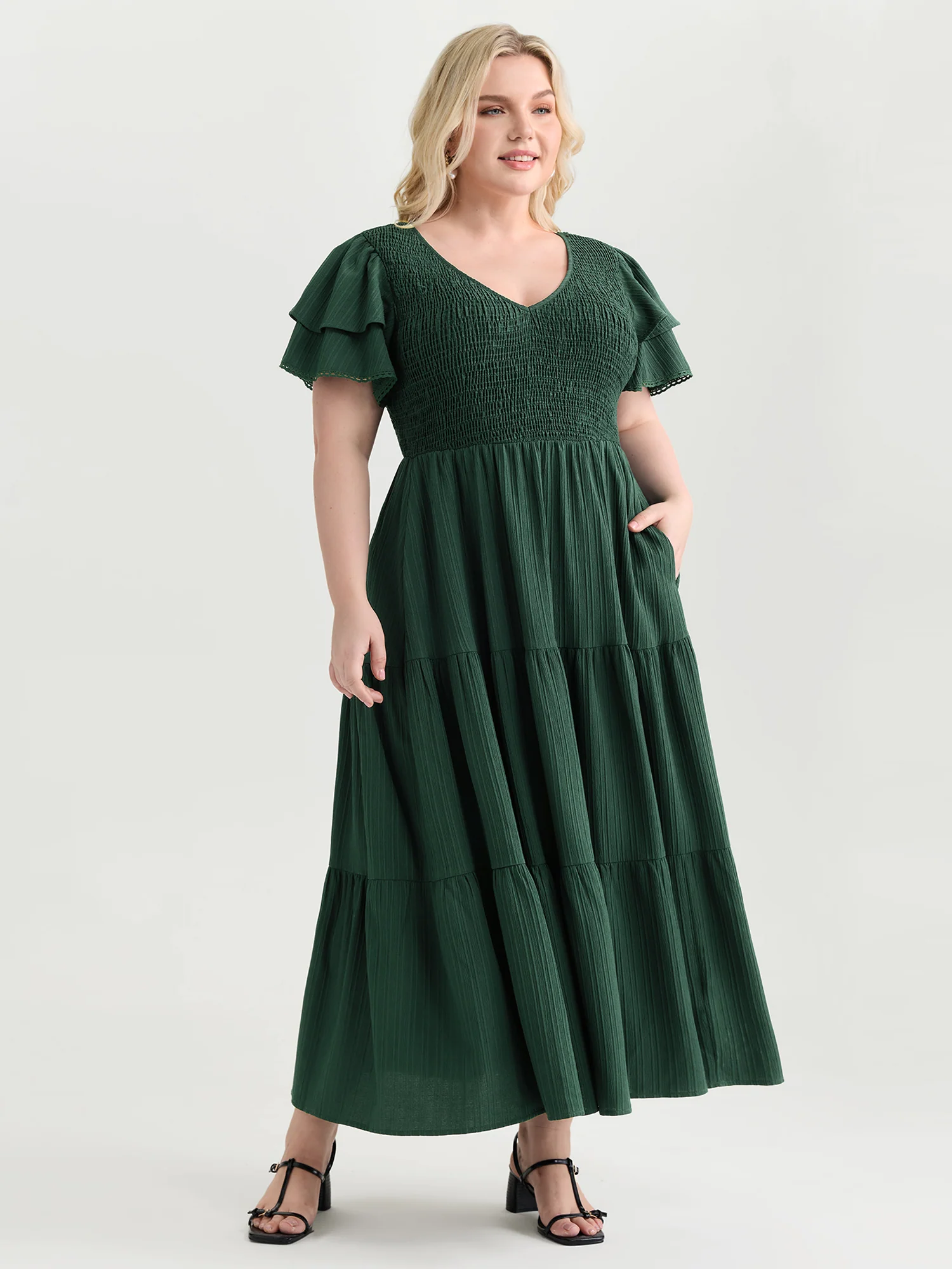 Textured Shirred Bust-Friendly Tiered Maxi Dress