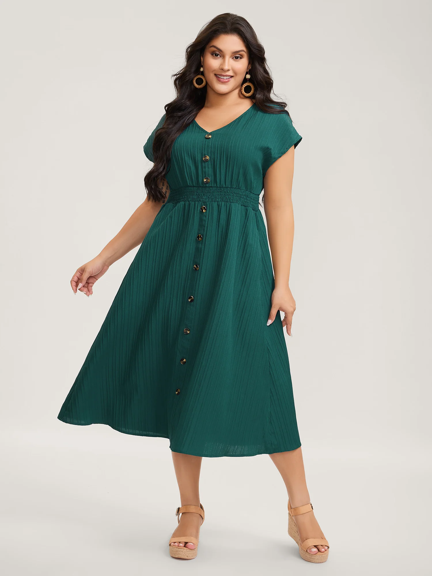 Textured Shirred Waist Button Midi Dress