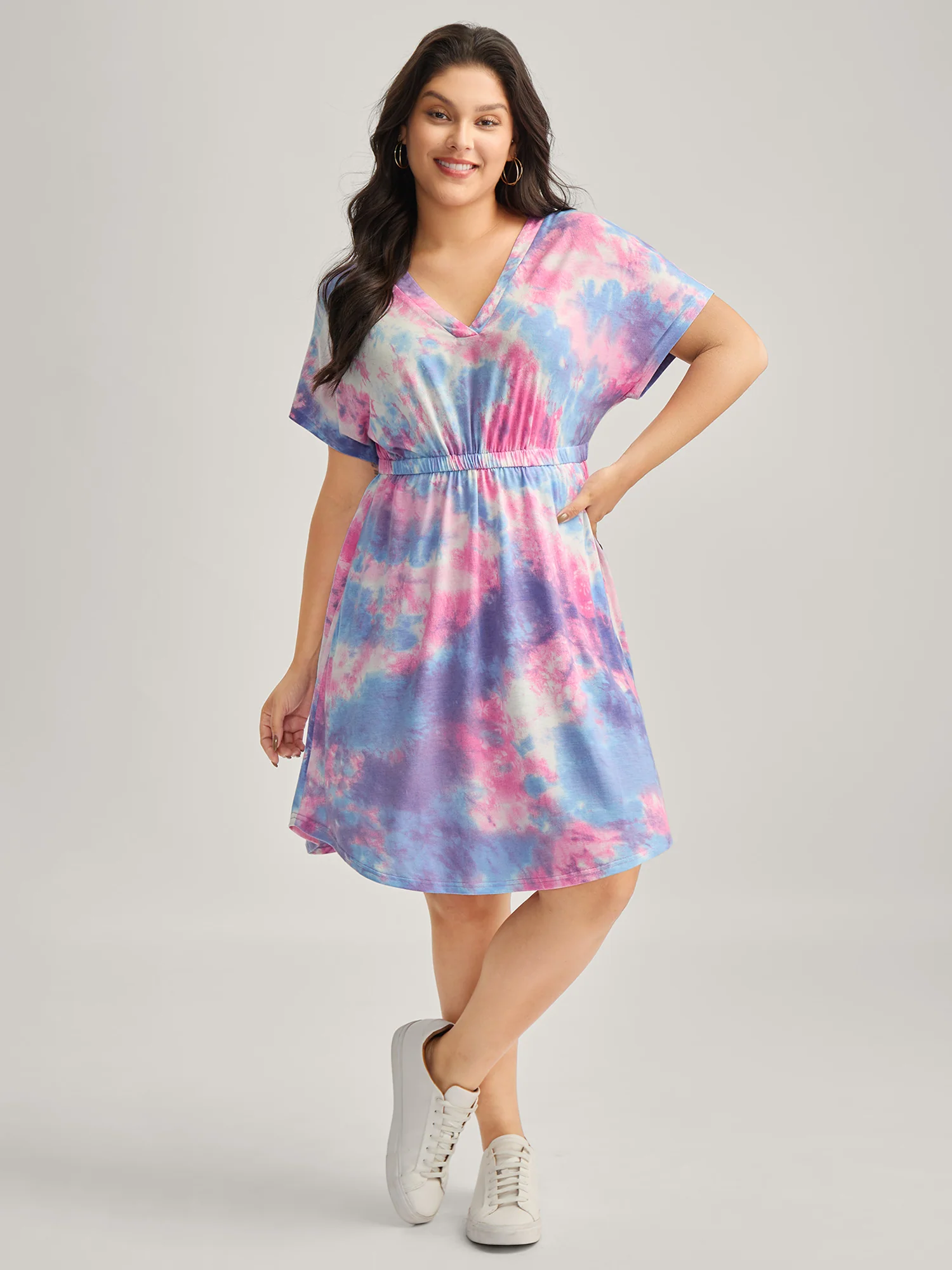 Tie-Dye Curvy Hem V-Neck Mini Dress