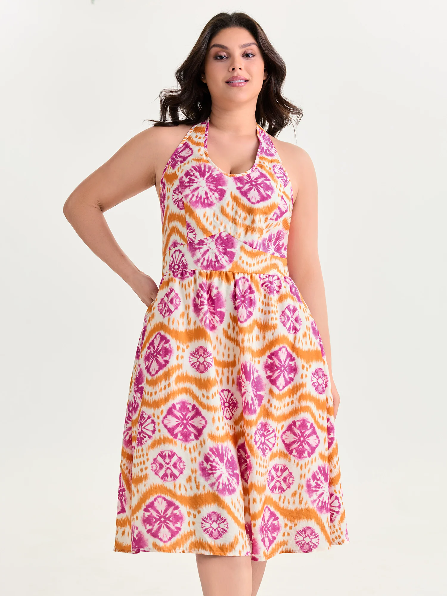 Tie-Dye Floral Effect Shirred Midi Dress