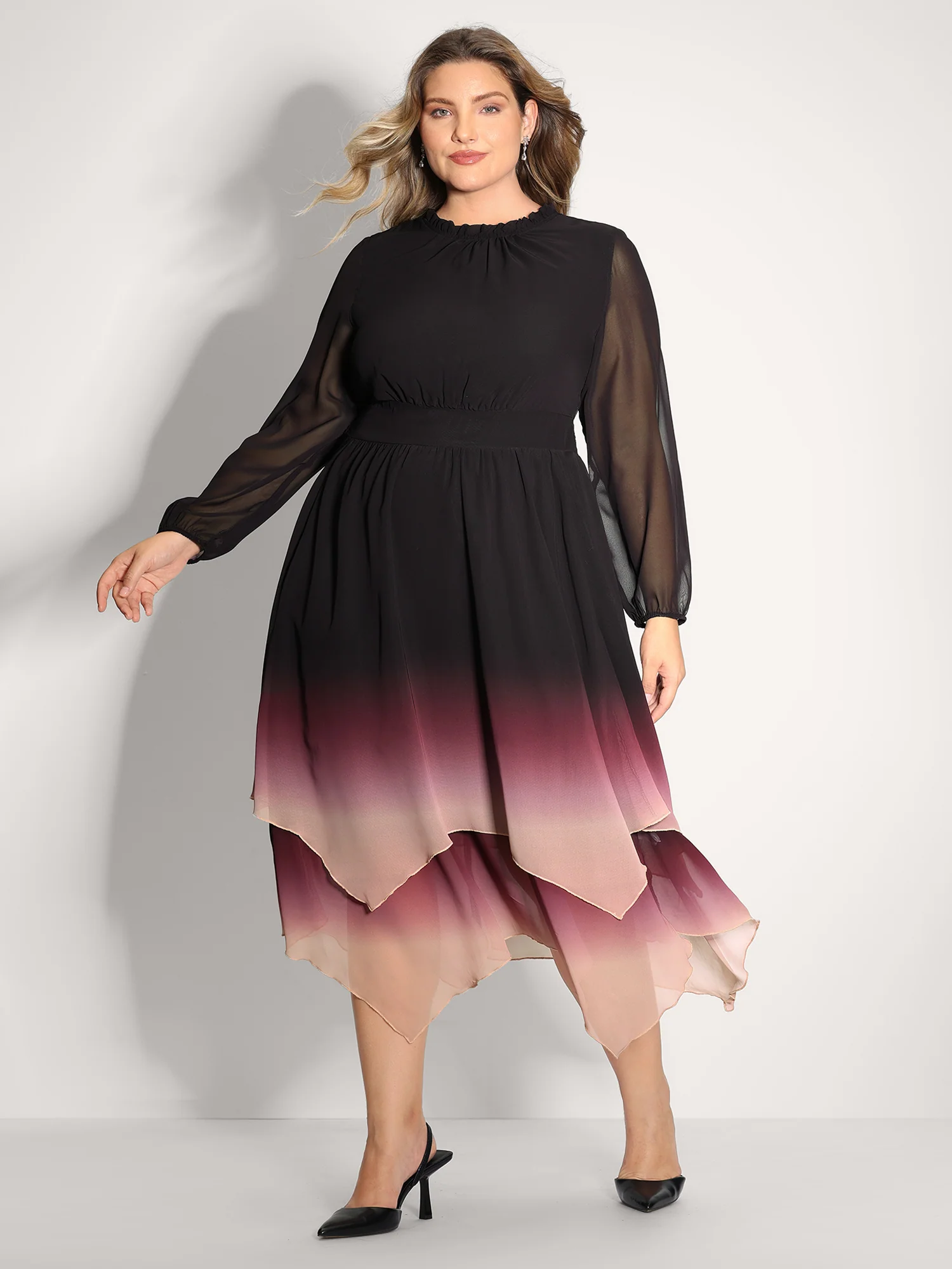 Tie-Dye Sheer Shirred Waist Midi Dress