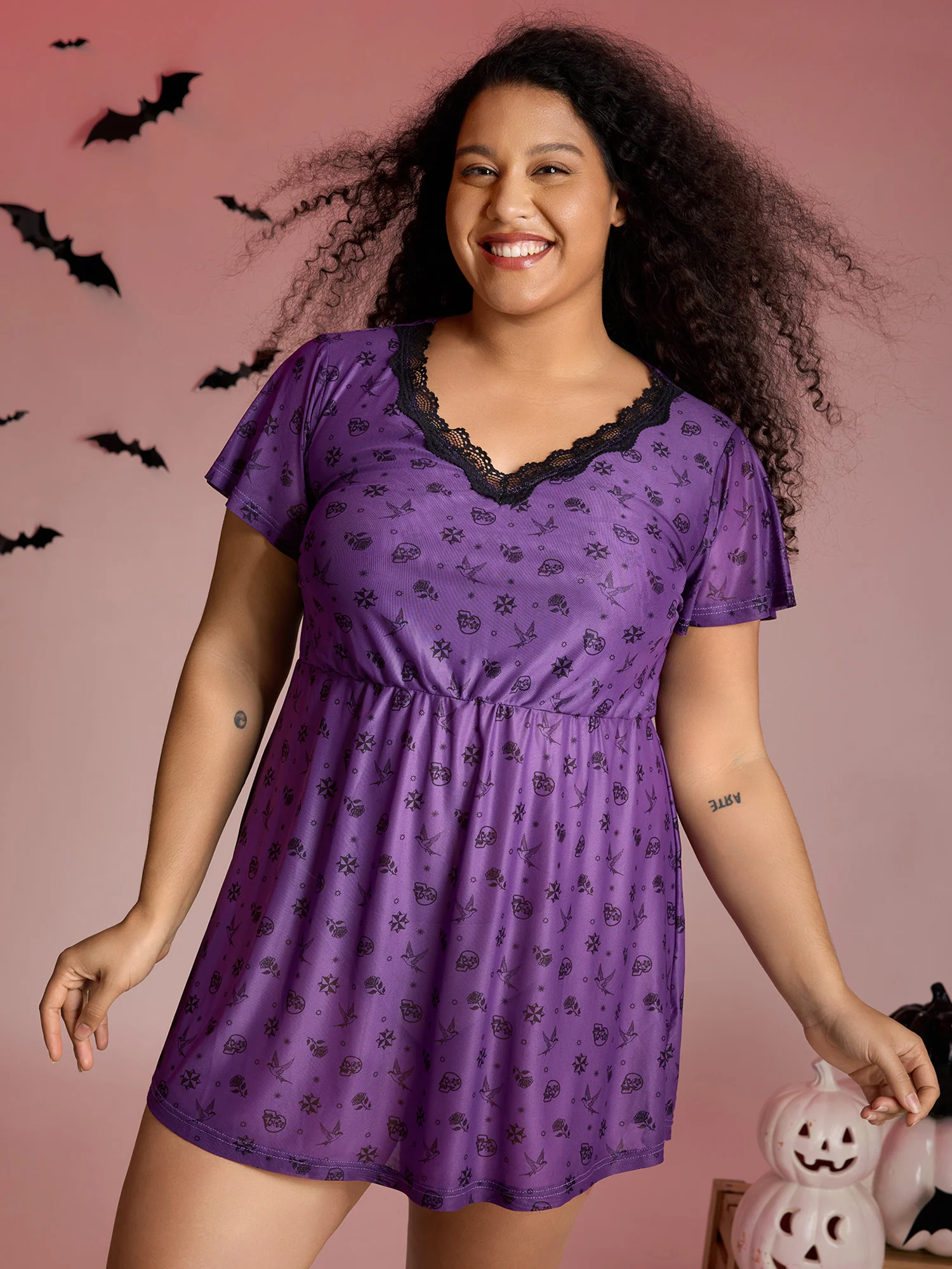 Halloween Fun Print Stretchy Waist Nightgown