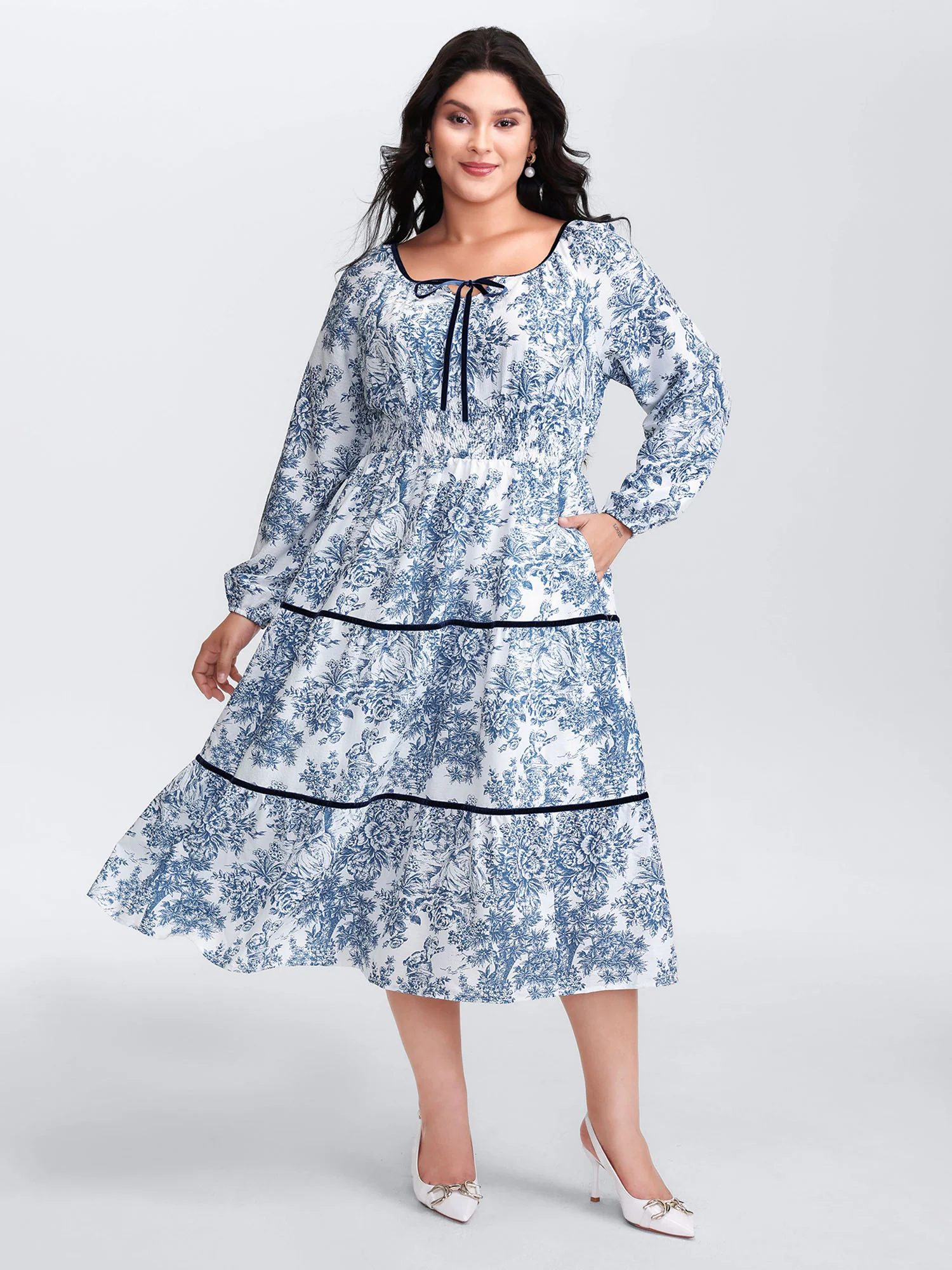 Toile de Jouy Neck-Tie Midi Dress