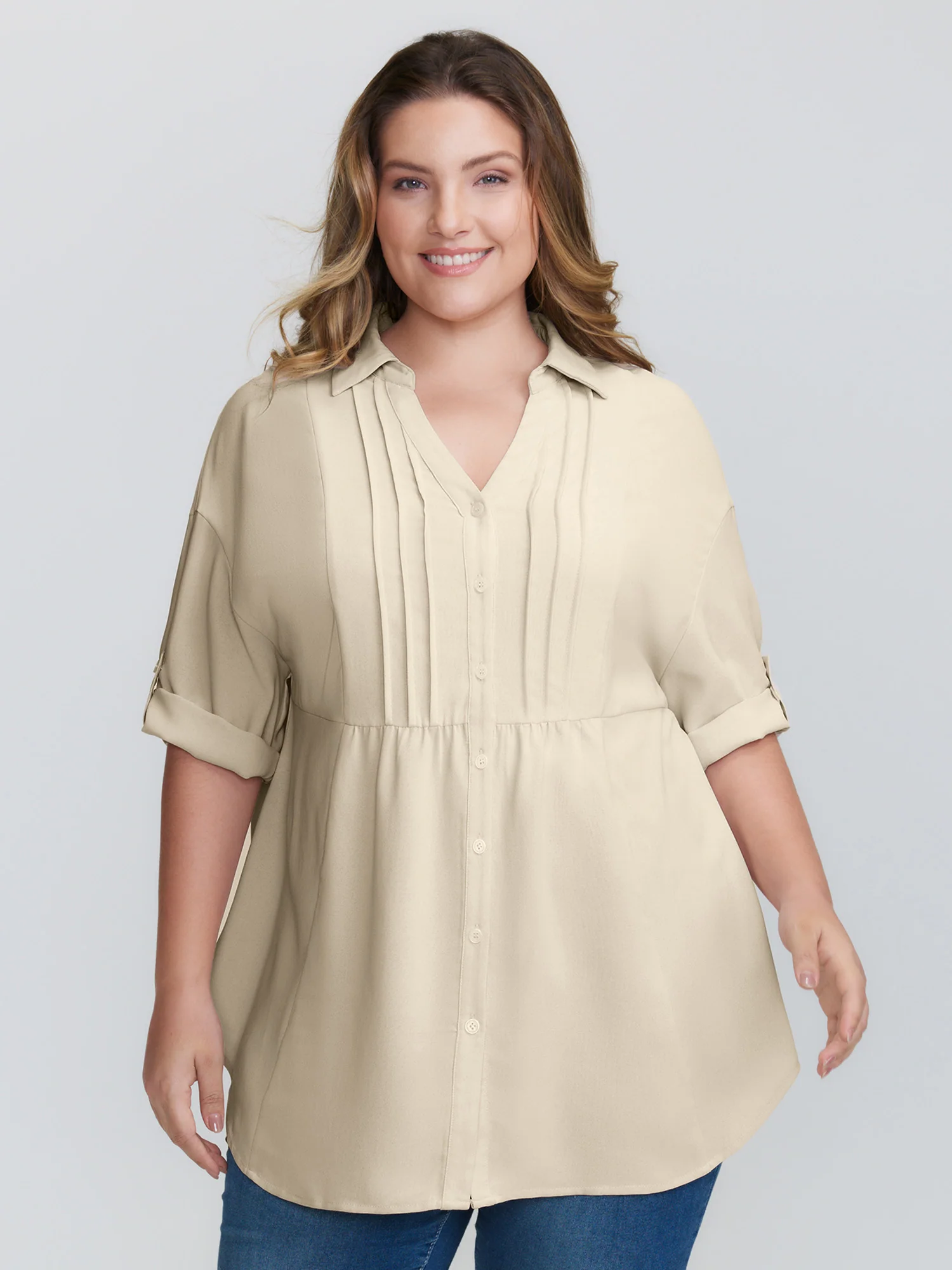 Toothpick Pleats Tab Sleeve Long Blouse