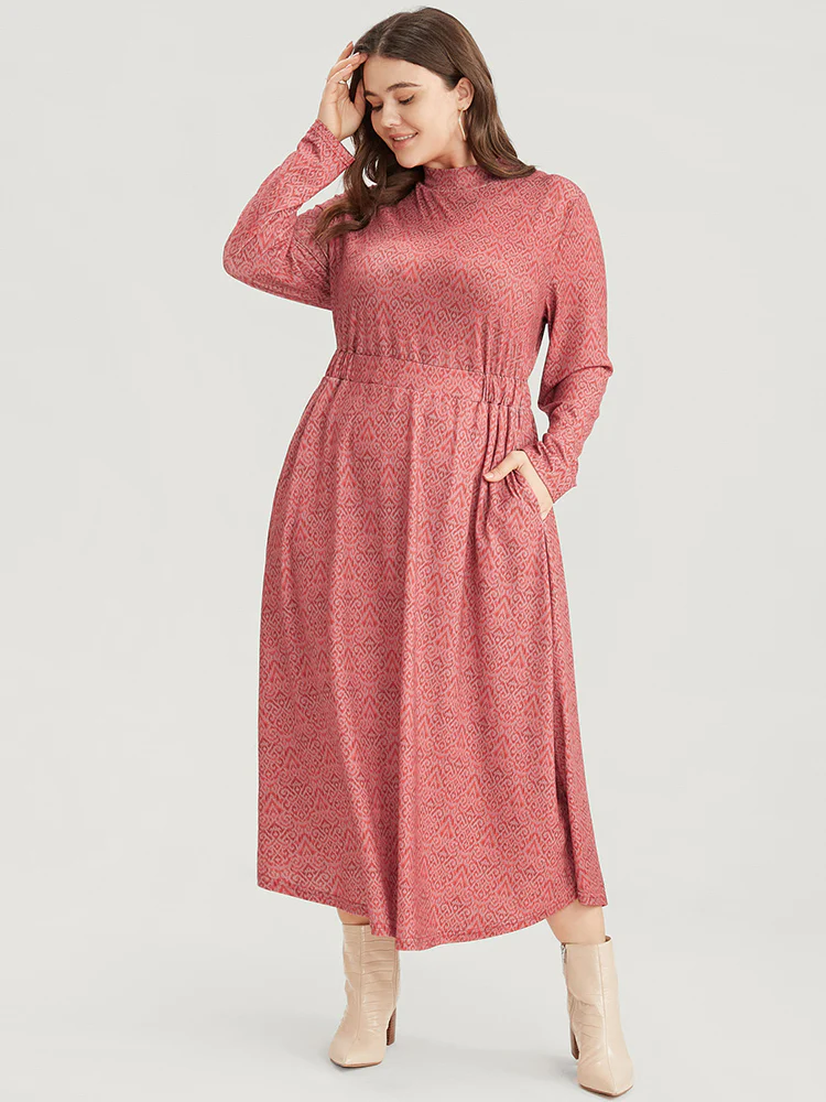 Bandana Print Mock Neck Pocket Ruffle Hem Dress