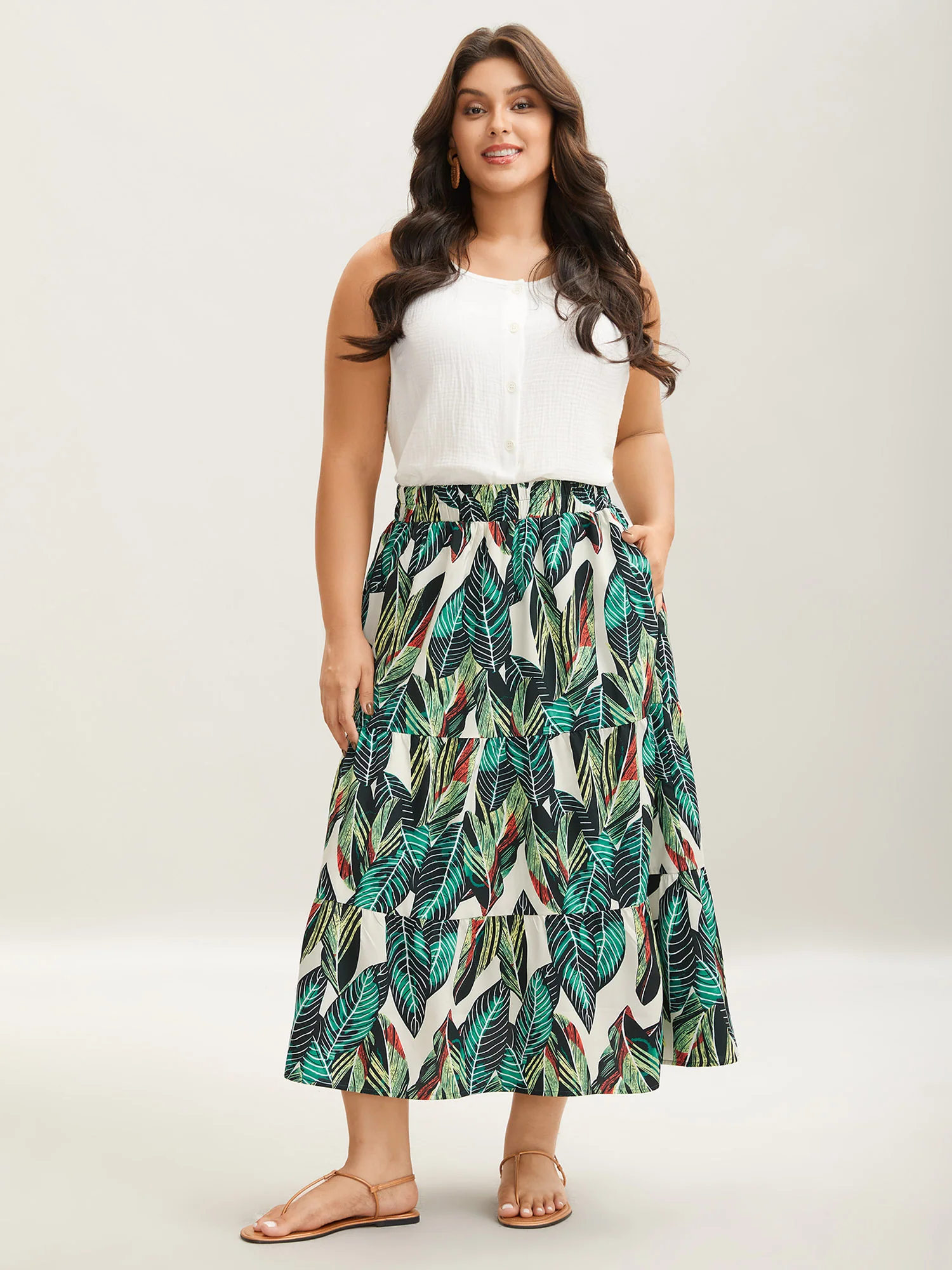 Tropical Floral Pattern Tiered Midi Skirt