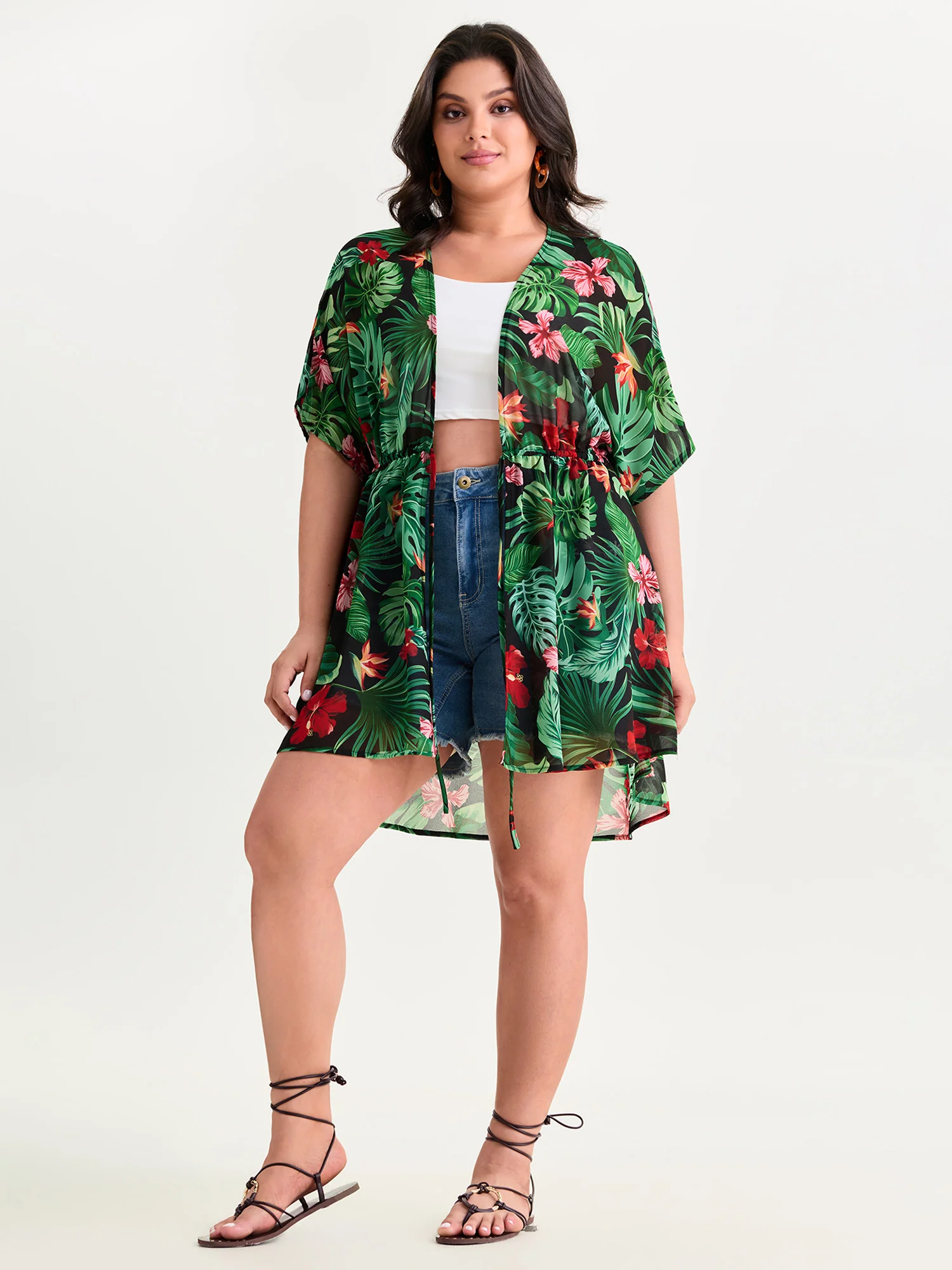 Tropical Floral Print Front-Tie Kimono