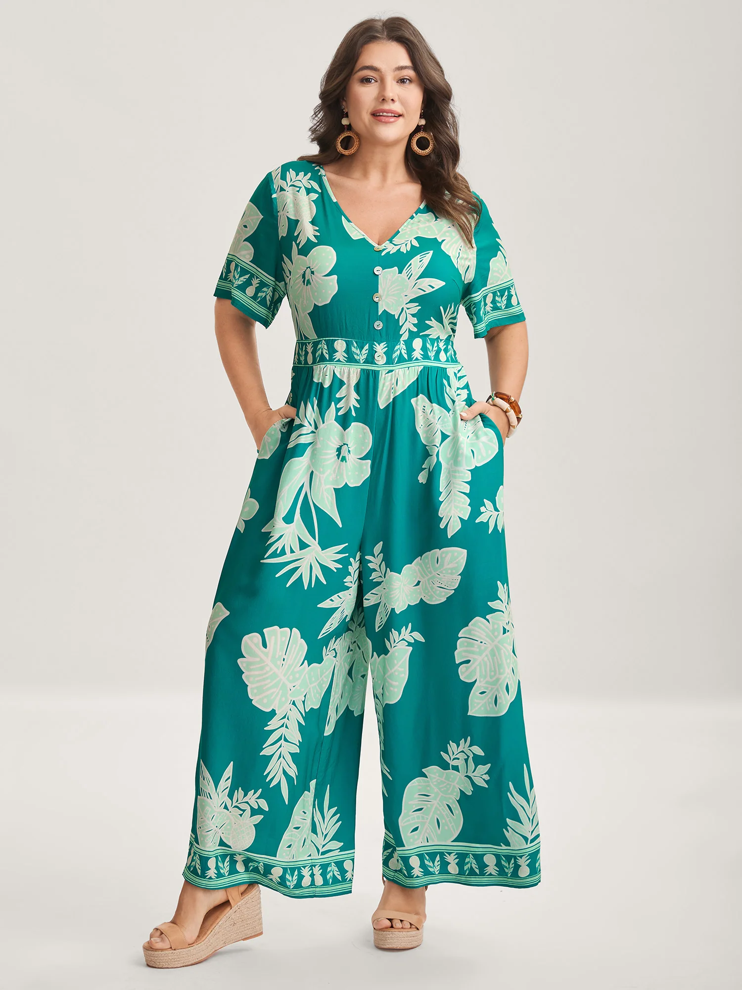 Rayon Tropical Leaf Button Detail Breezy Jumpsuit