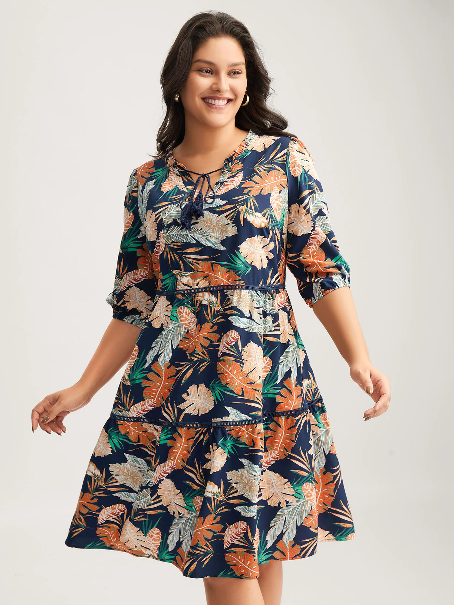 Tropical Leaf Print Lace Stretchy Midi Dress