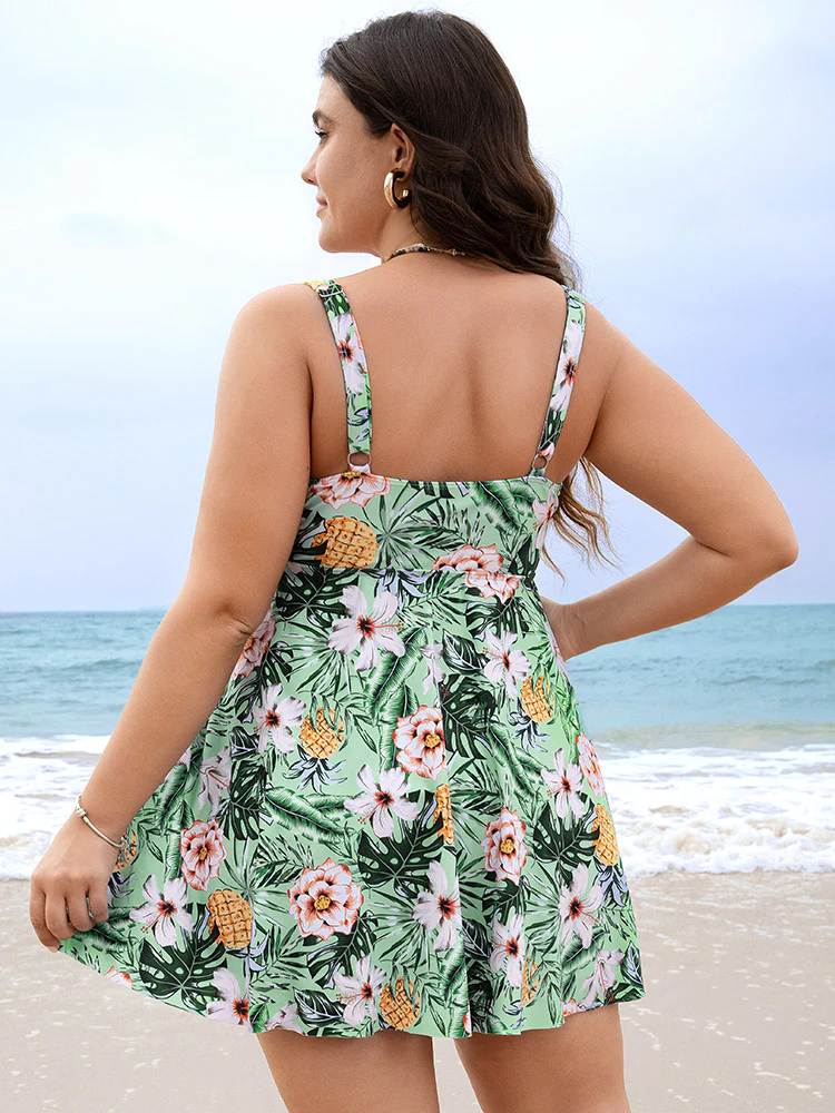 Tropical Print  A Line Flutter Ruched Front Swim Dress - Image 2