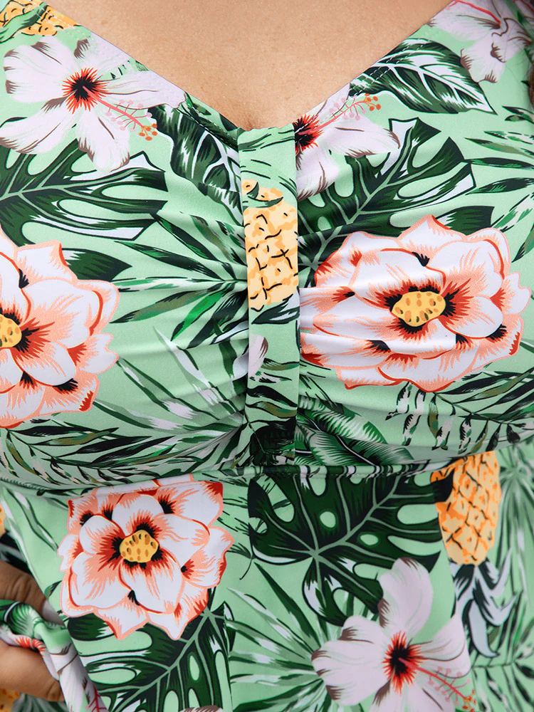 Tropical Print  A Line Flutter Ruched Front Swim Dress - Image 6