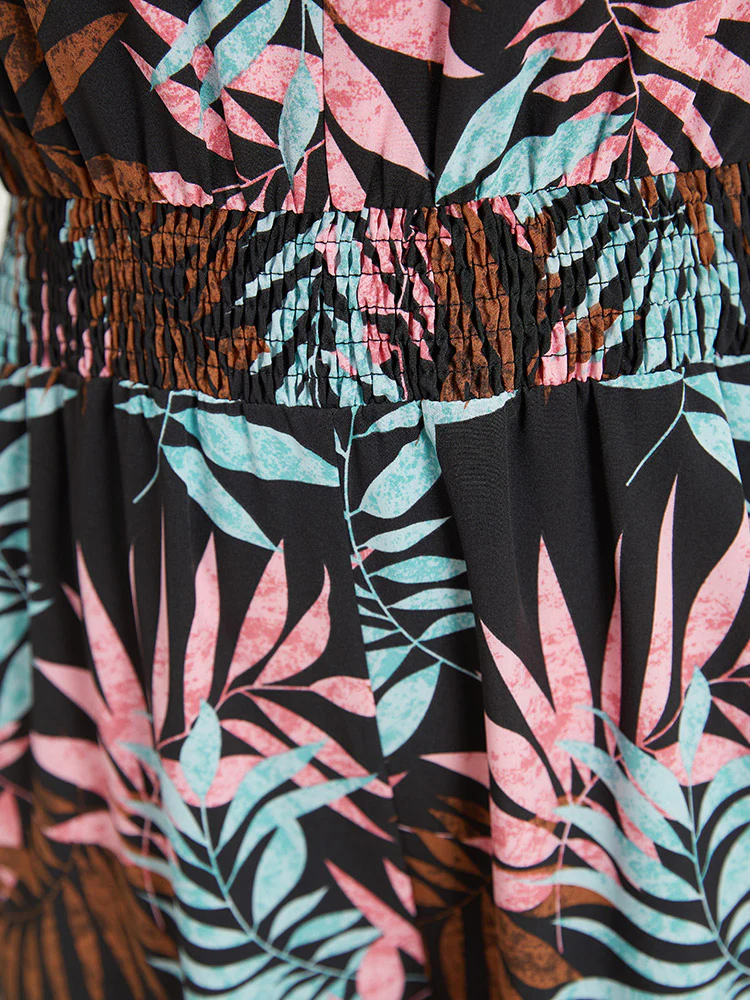 Tropical Print Knot Neck Shirred  Wrap Jumpsuit - Image 10