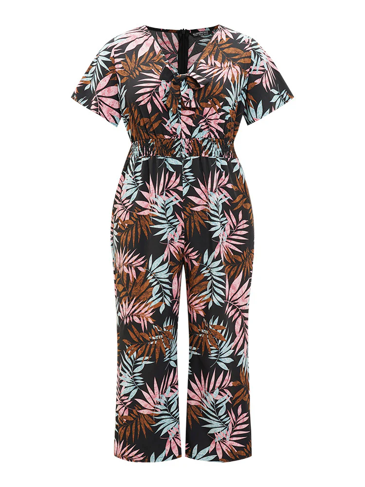 Tropical Print Knot Neck Shirred  Wrap Jumpsuit - Image 11