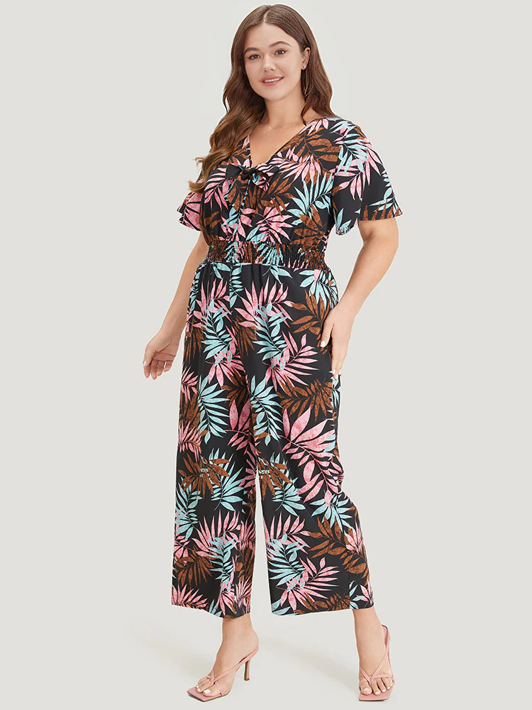 Tropical Print Knot Neck Shirred  Wrap Jumpsuit - Image 2