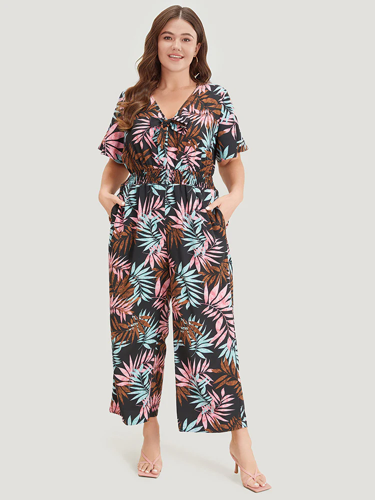 Tropical Print Knot Neck Shirred  Wrap Jumpsuit - Image 6