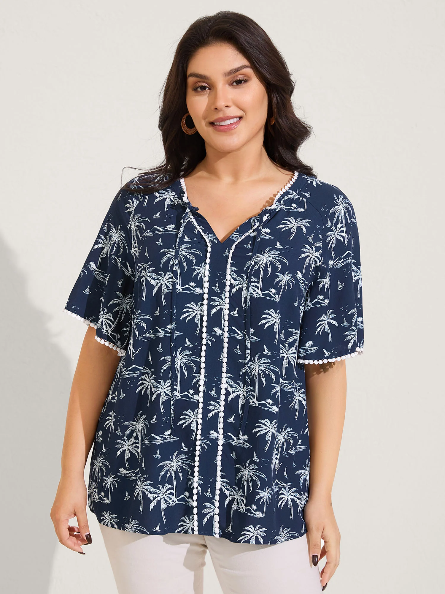 Tropical Print Lace Trim Flowy Blouse
