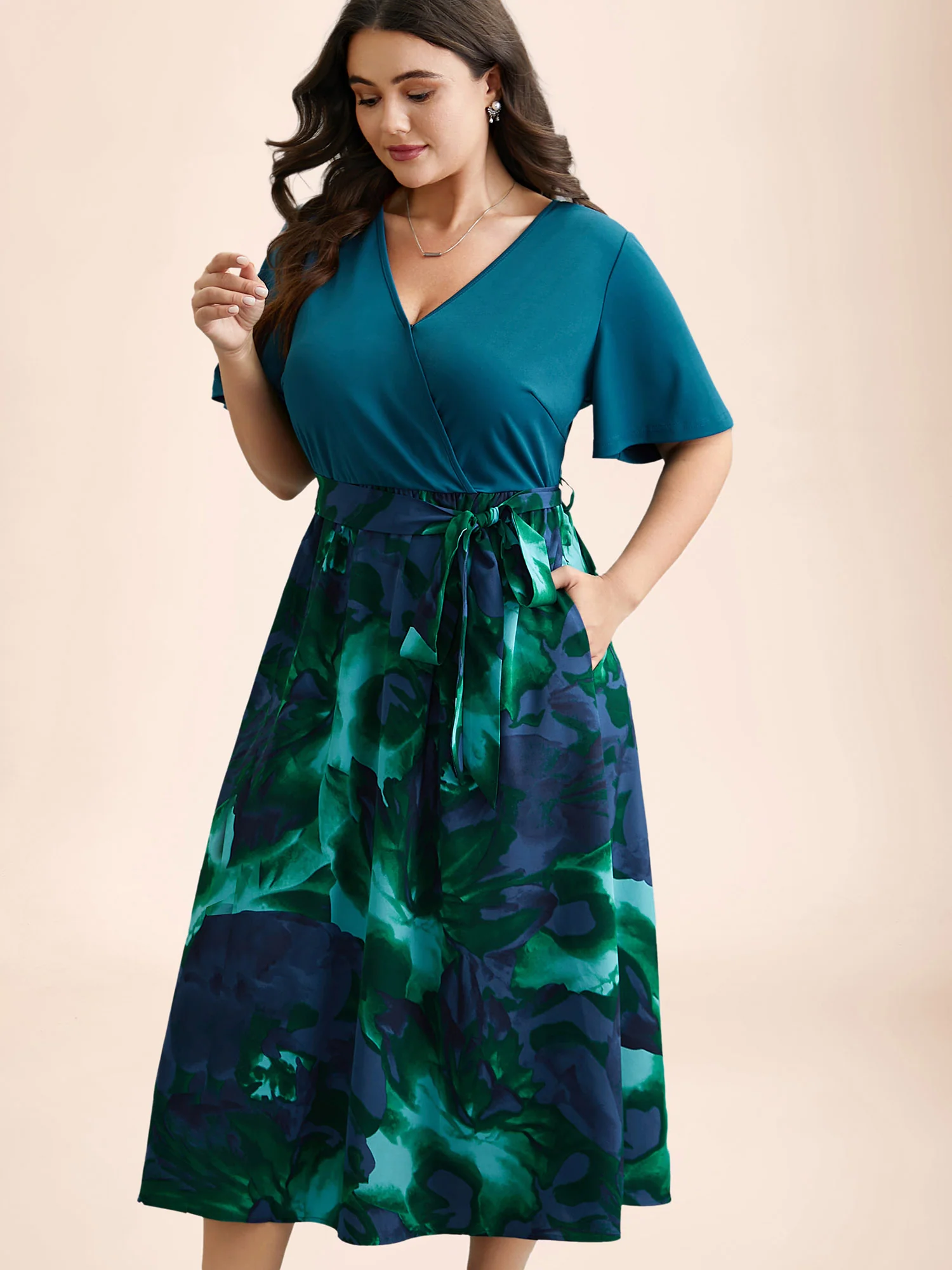 Tropical Print Wrap Neck Waist-Tie Dress