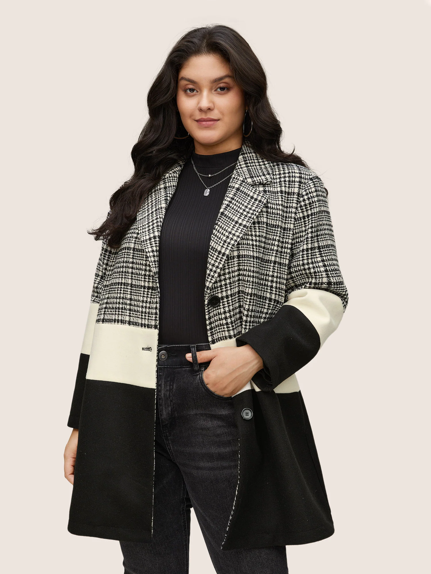 Tweed Colorblock Contrast Button Up Coat