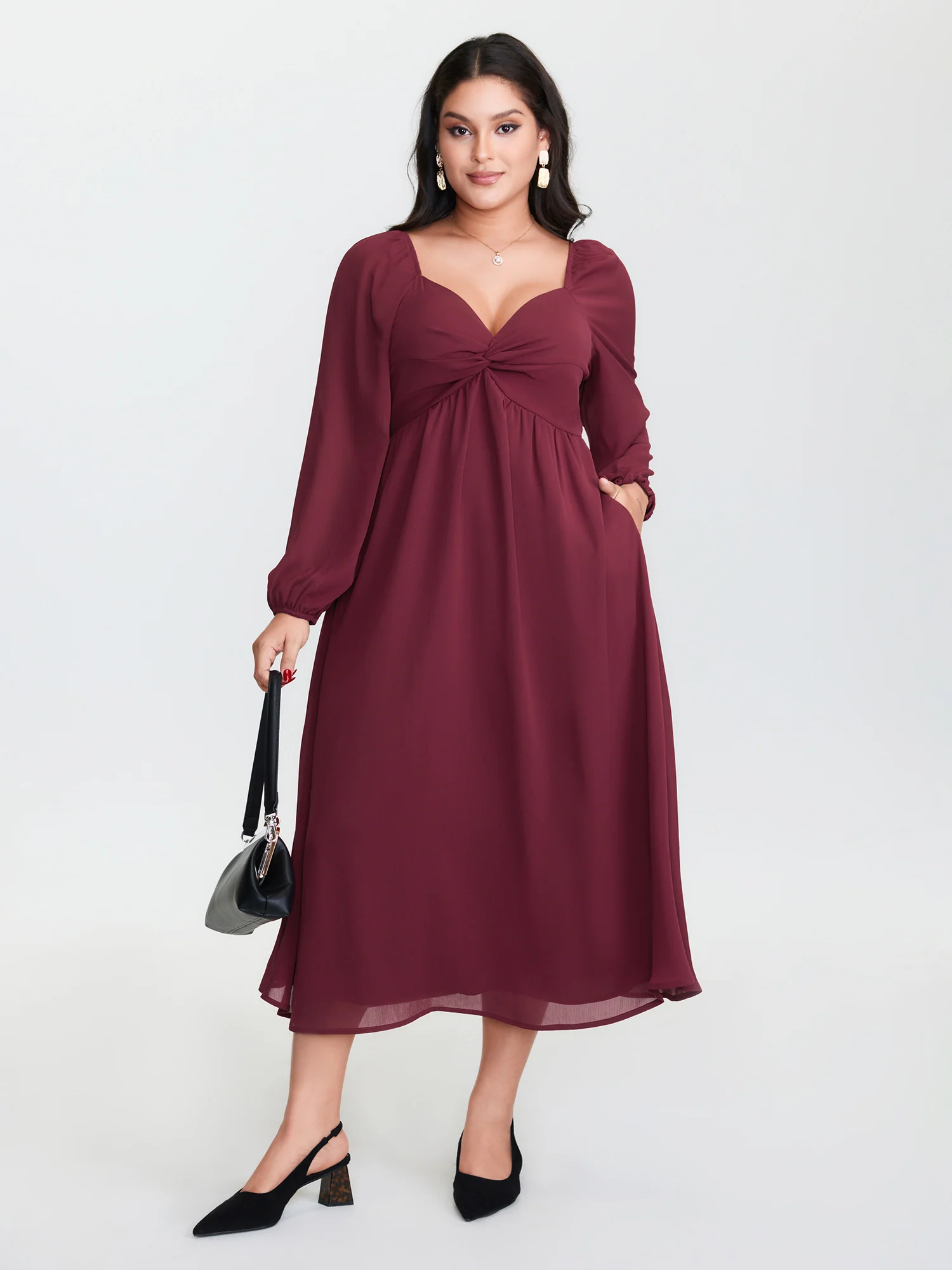 Twist Front Stretchy Waist Sweetheart Midi Dress