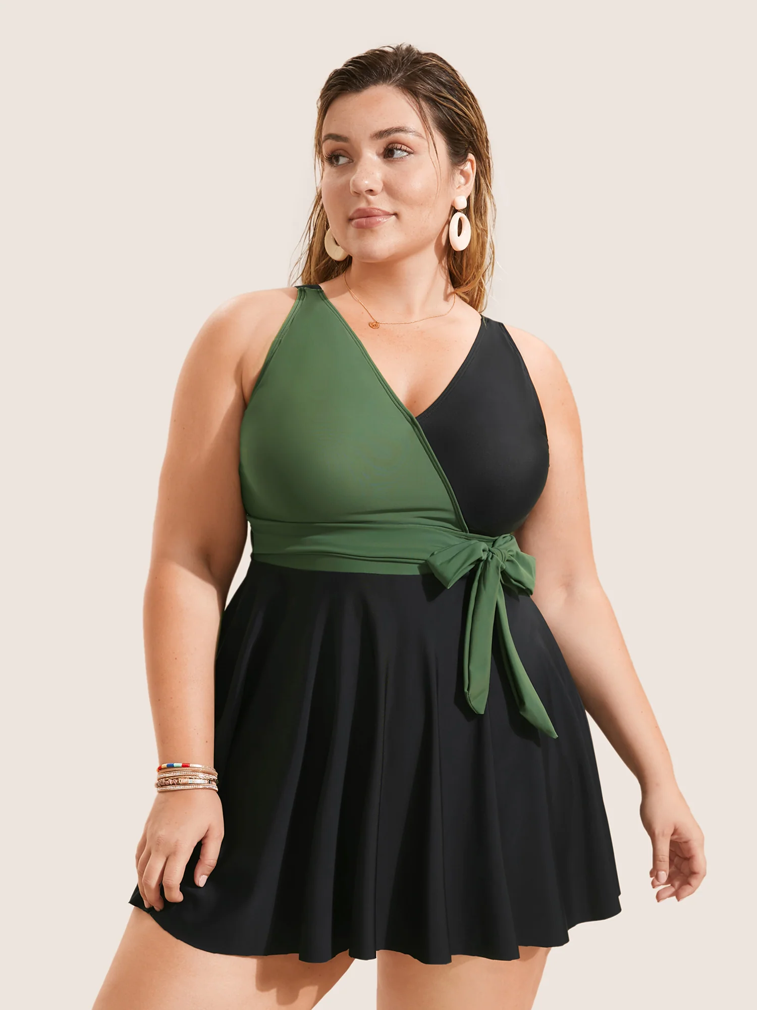 Two Tone Ties High Rise Swim Dress