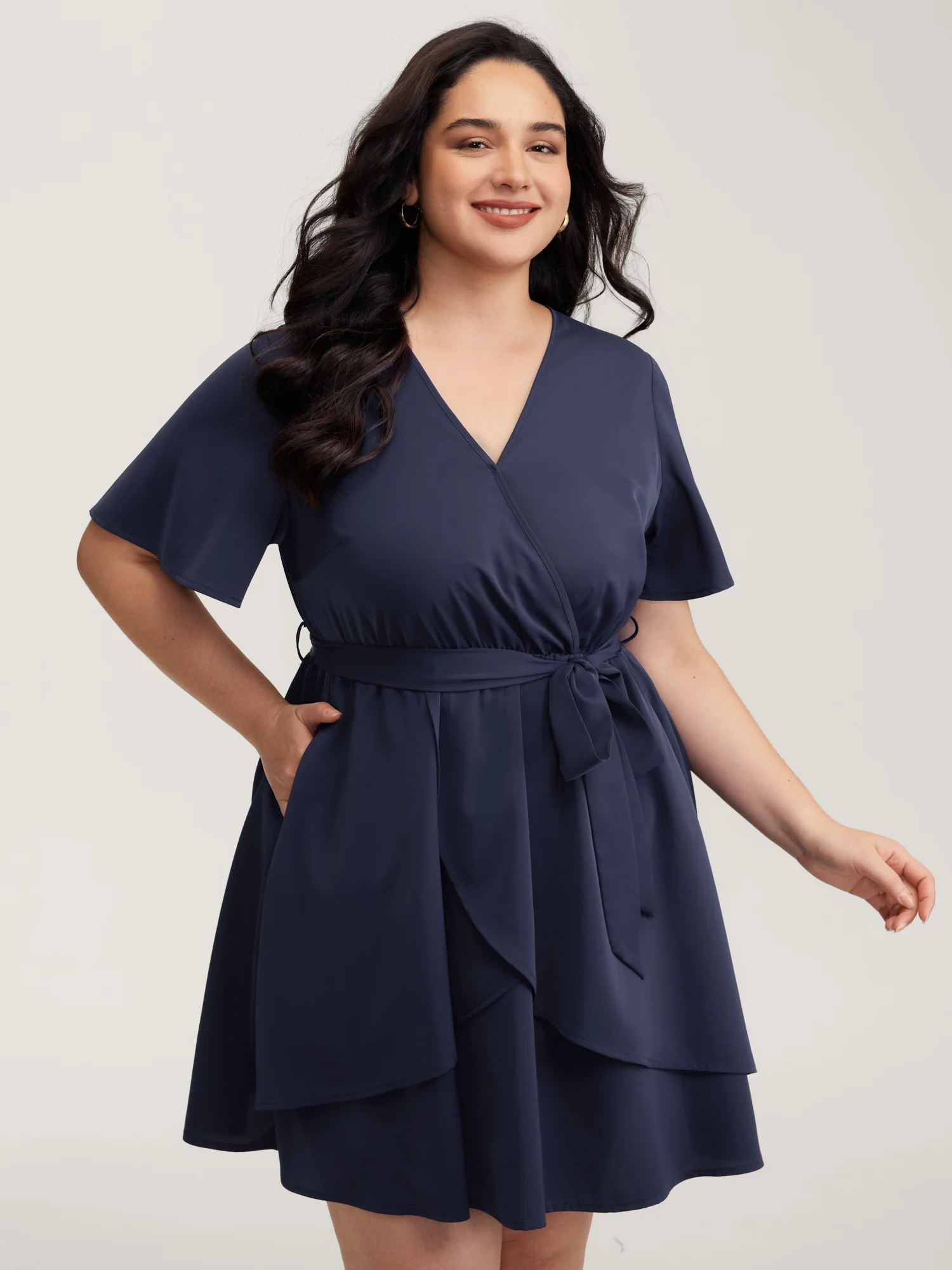 V-Neck Adjustable Belted Waist Mini Dress
