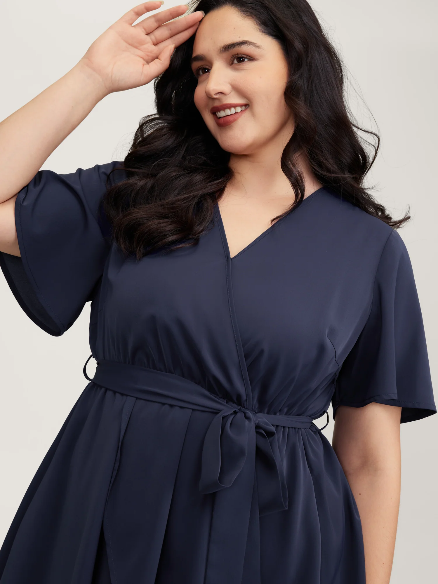 V-Neck Adjustable Belted Waist Mini Dress - Image 3